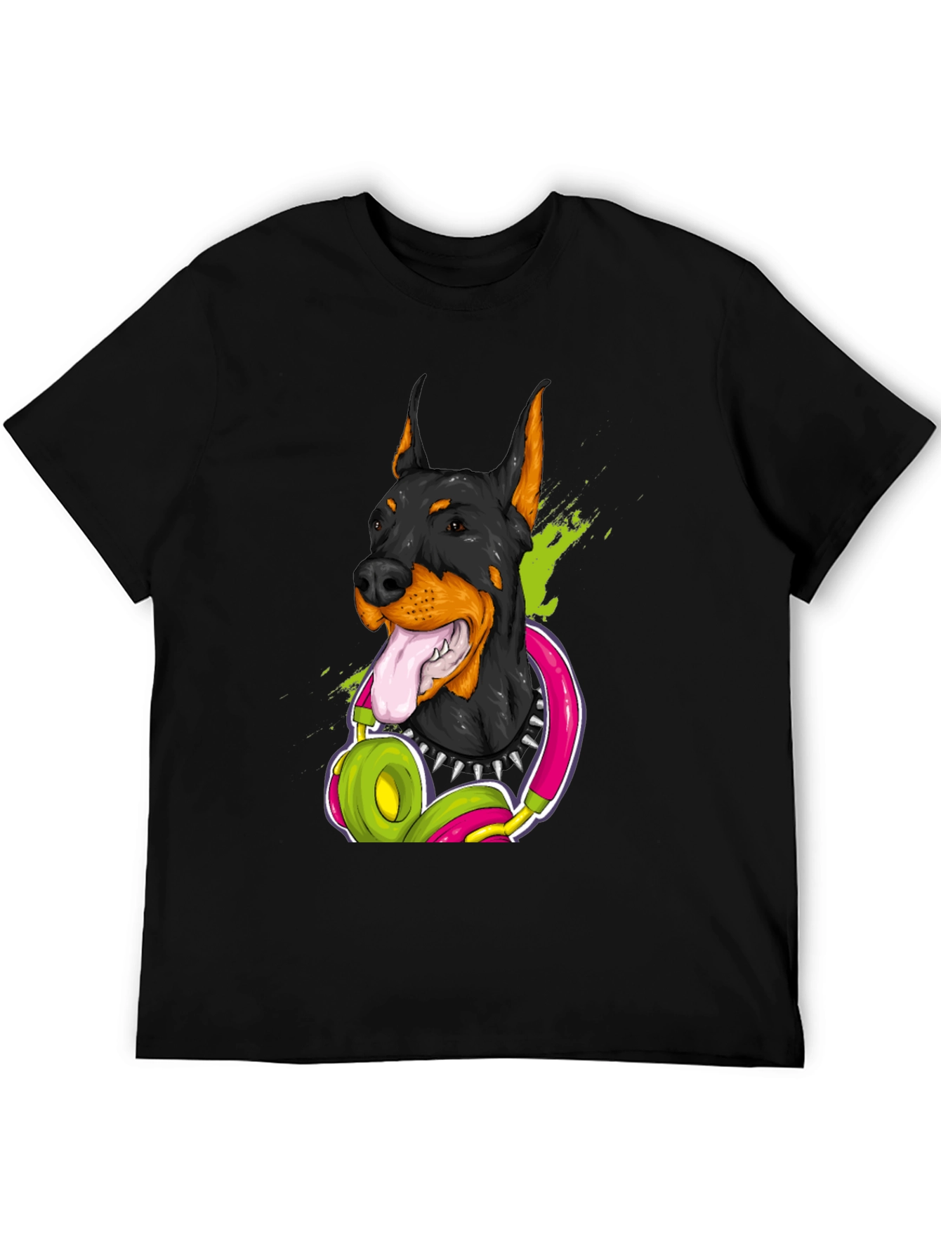 Doberman Dog with Headphones Graphic T-Shirt