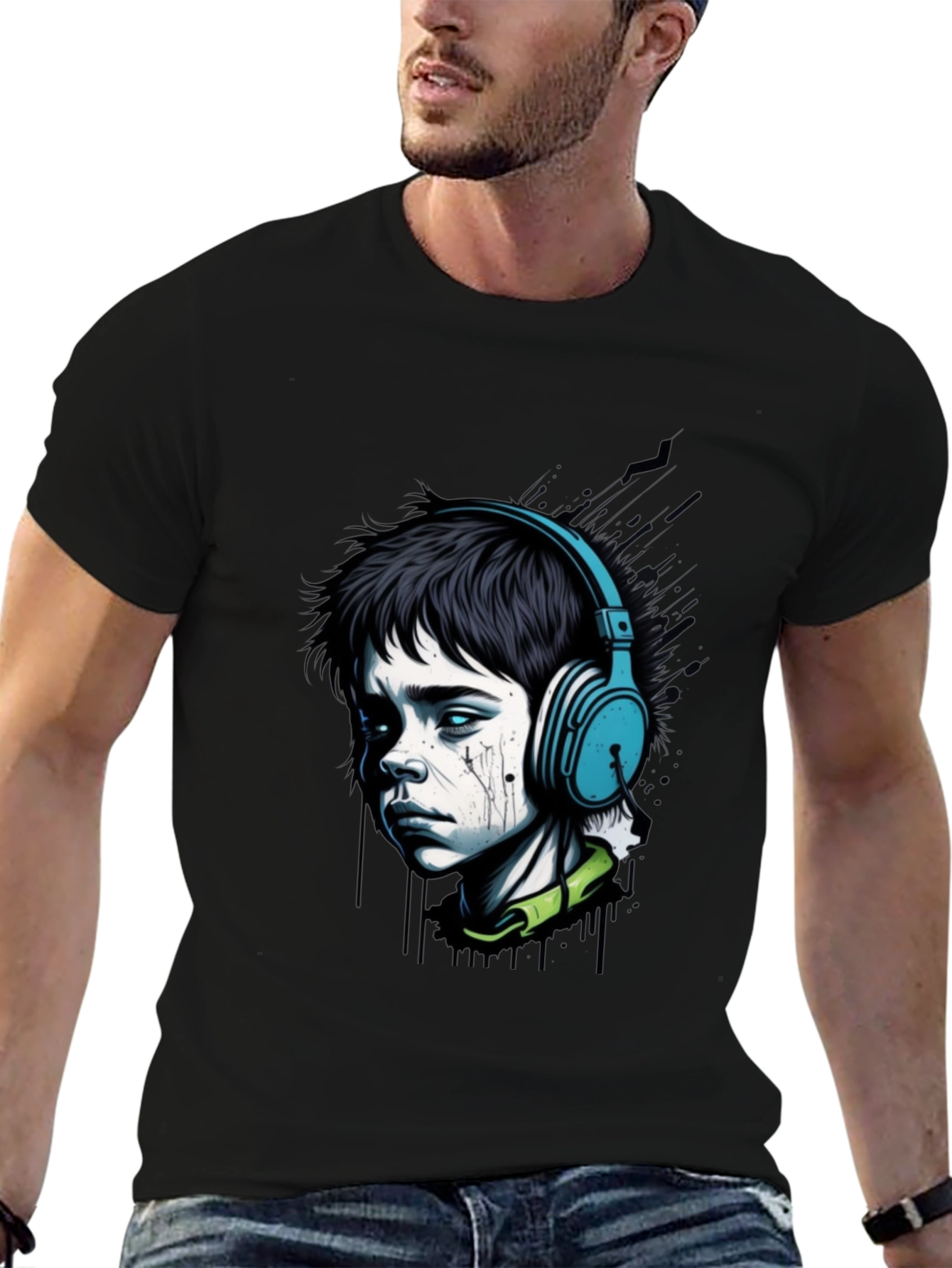 Edgy Boy with Headphones Graphic Tee - Black