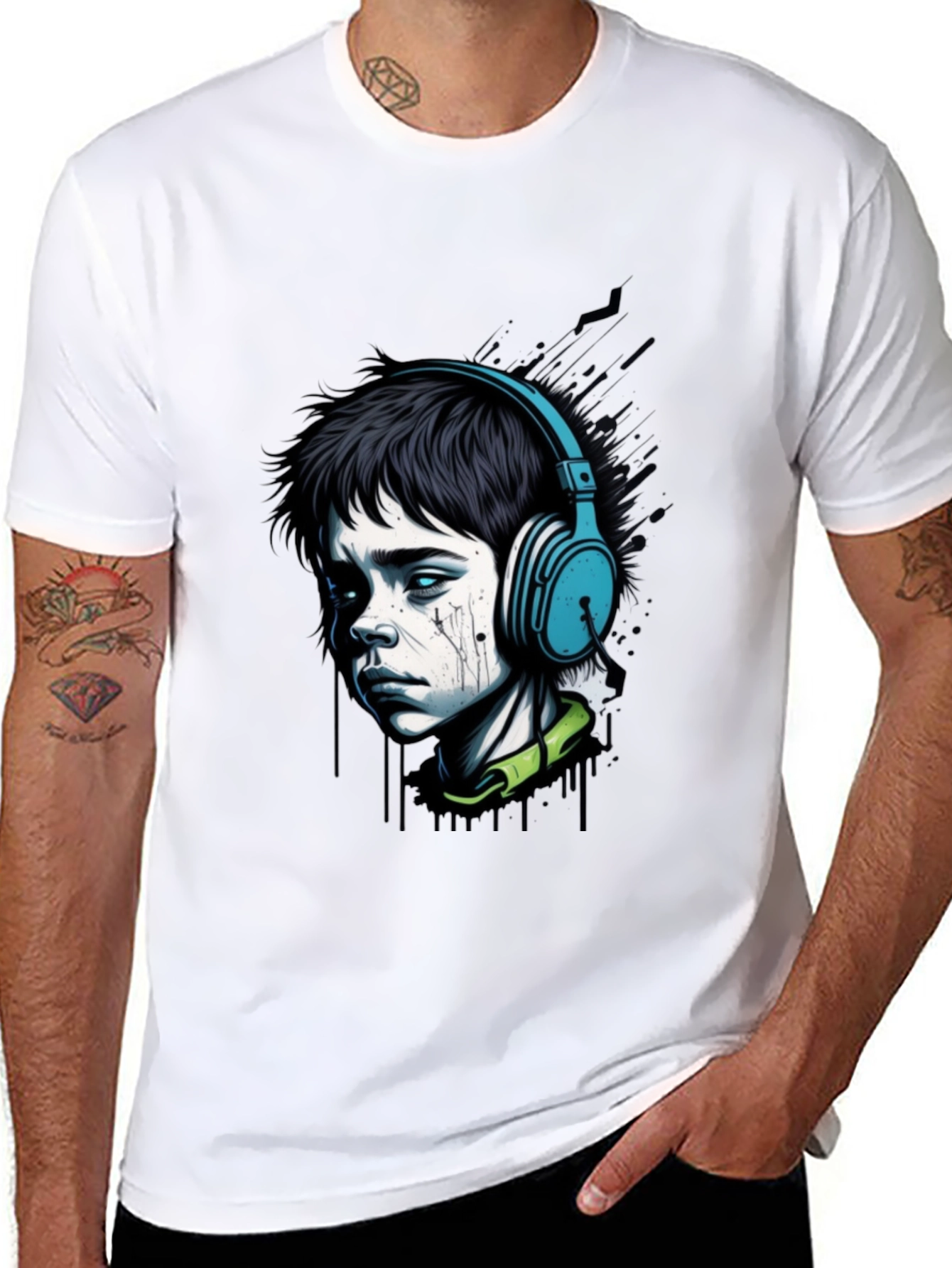Edgy Boy with Headphones Graphic Tee - Black