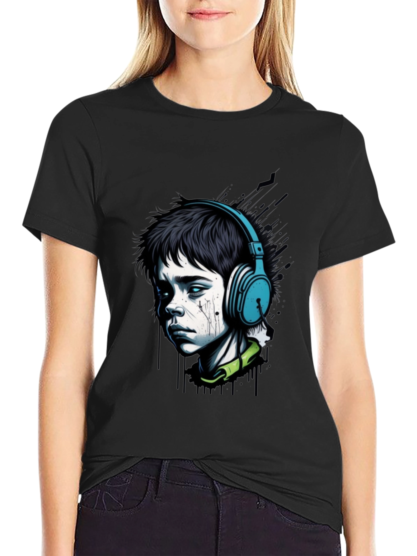 Edgy Boy with Headphones Graphic Tee - Black
