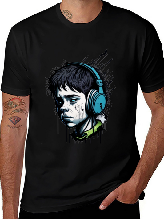Edgy Boy with Headphones Graphic Tee - Black