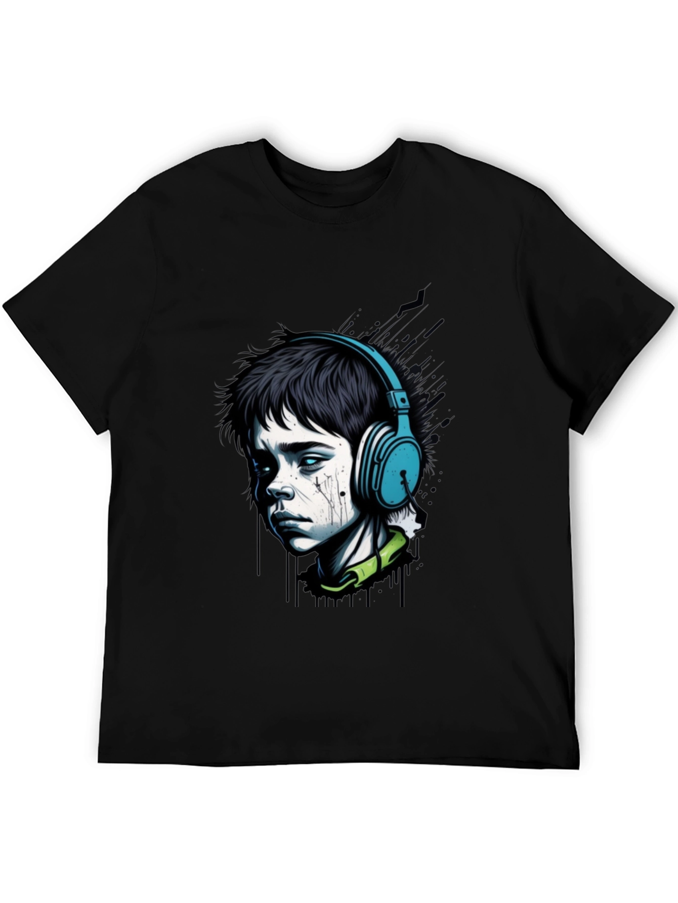 Edgy Boy with Headphones Graphic Tee - Black