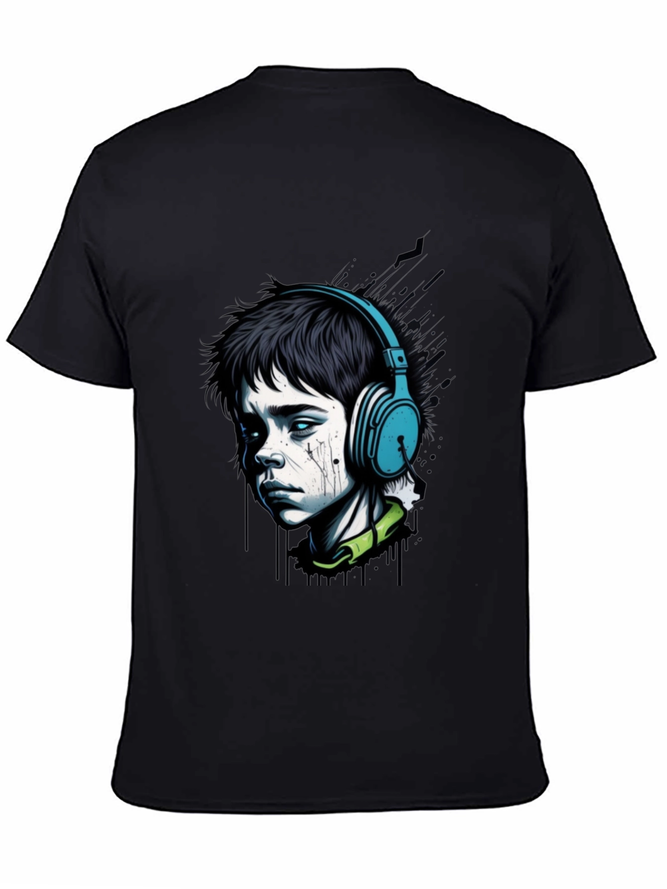 Edgy Boy with Headphones Graphic Tee - Black