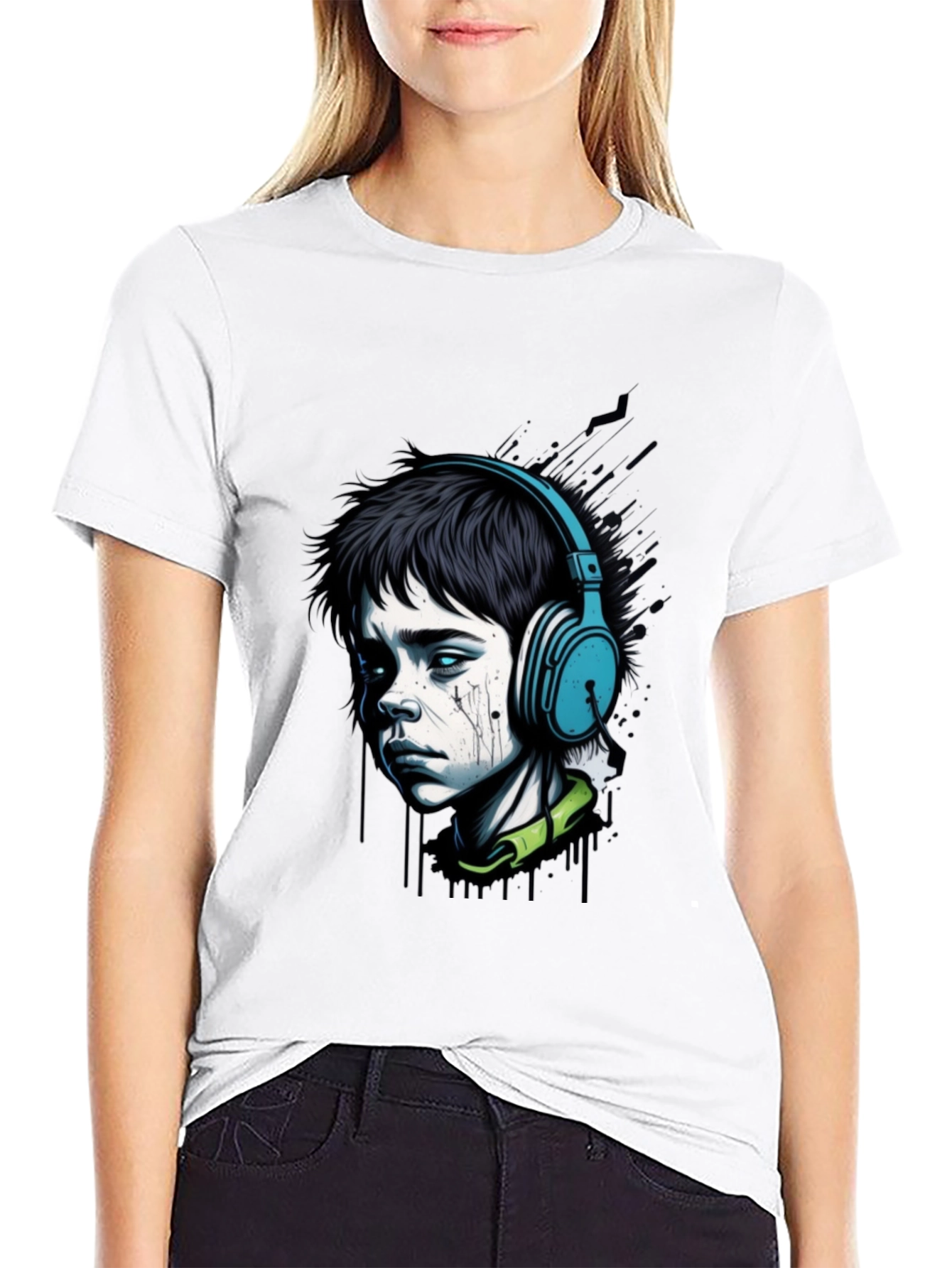 Edgy Boy with Headphones Graphic Tee - Black