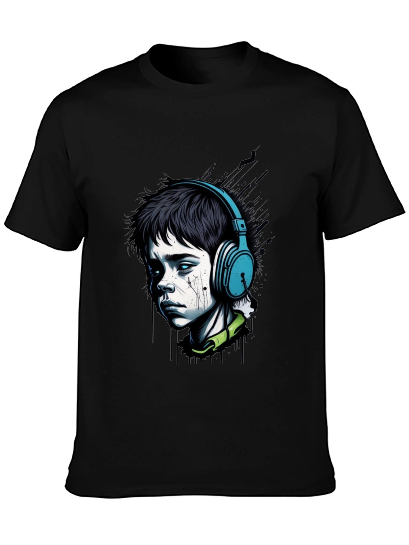Edgy Boy with Headphones Graphic Tee - Black