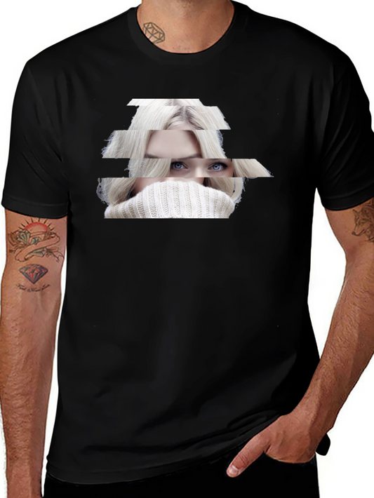 Stylish Black T-Shirt with Abstract Woman Portrait