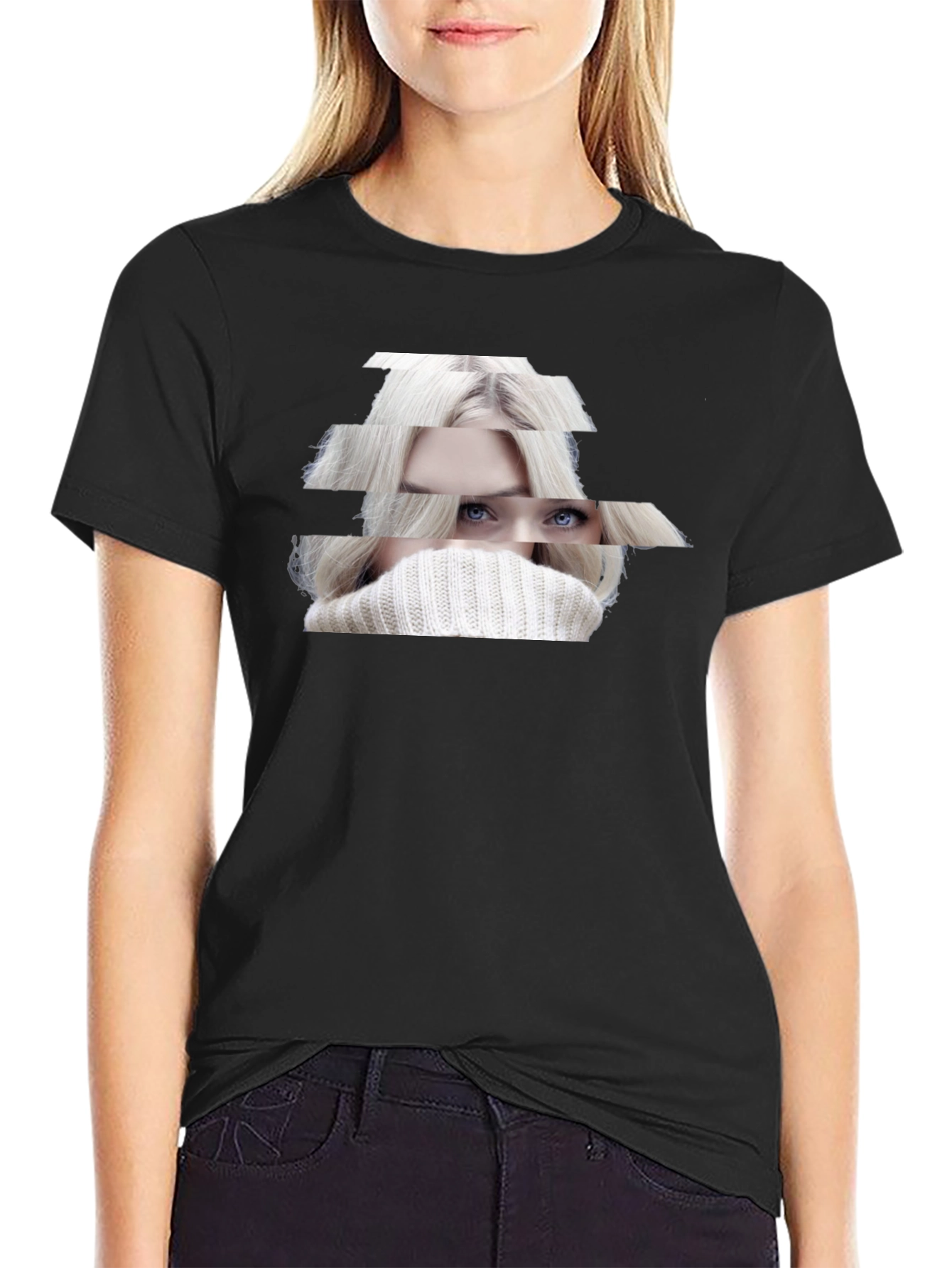 Stylish Black T-Shirt with Abstract Woman Portrait