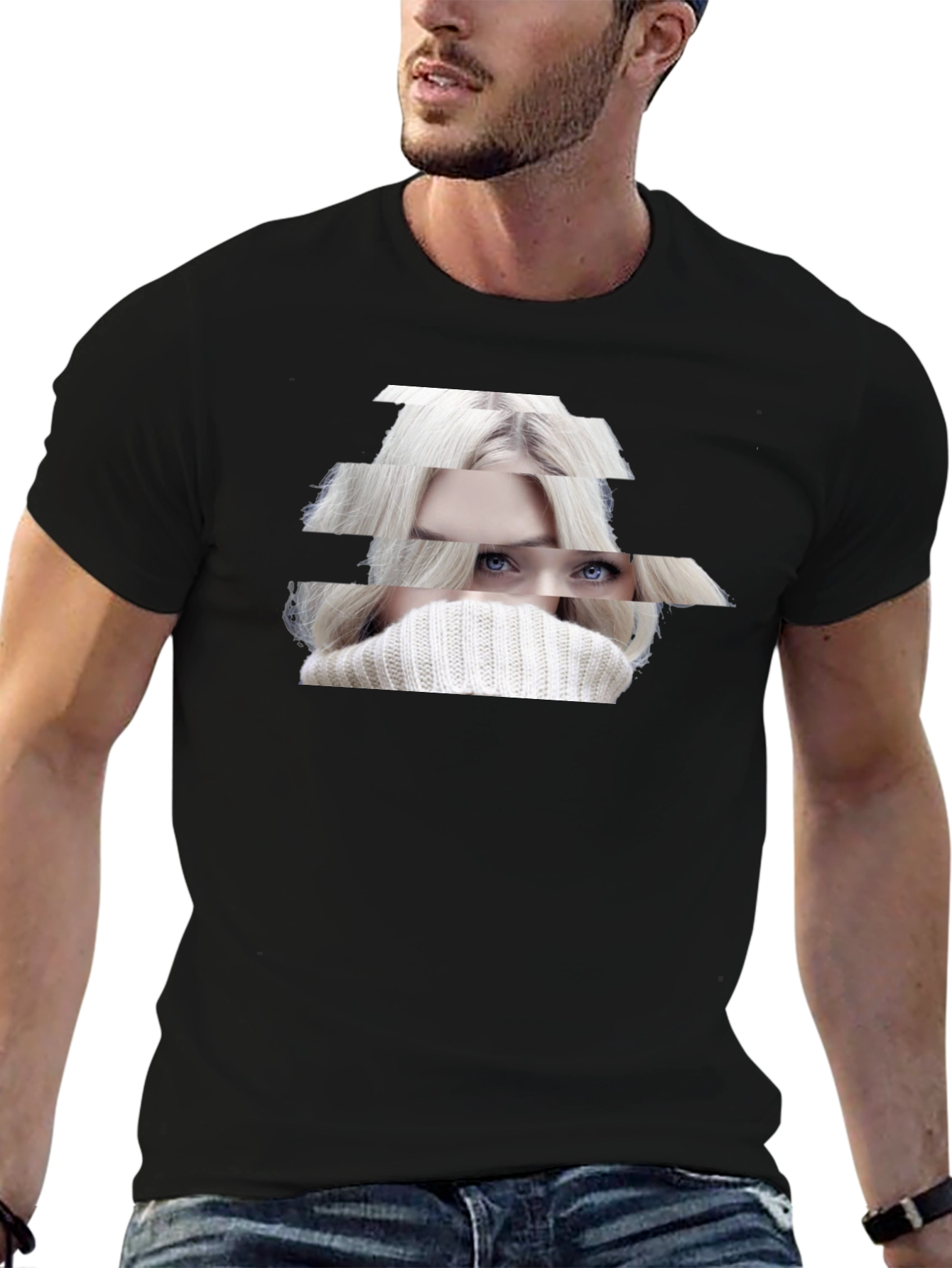 Stylish Black T-Shirt with Abstract Woman Portrait