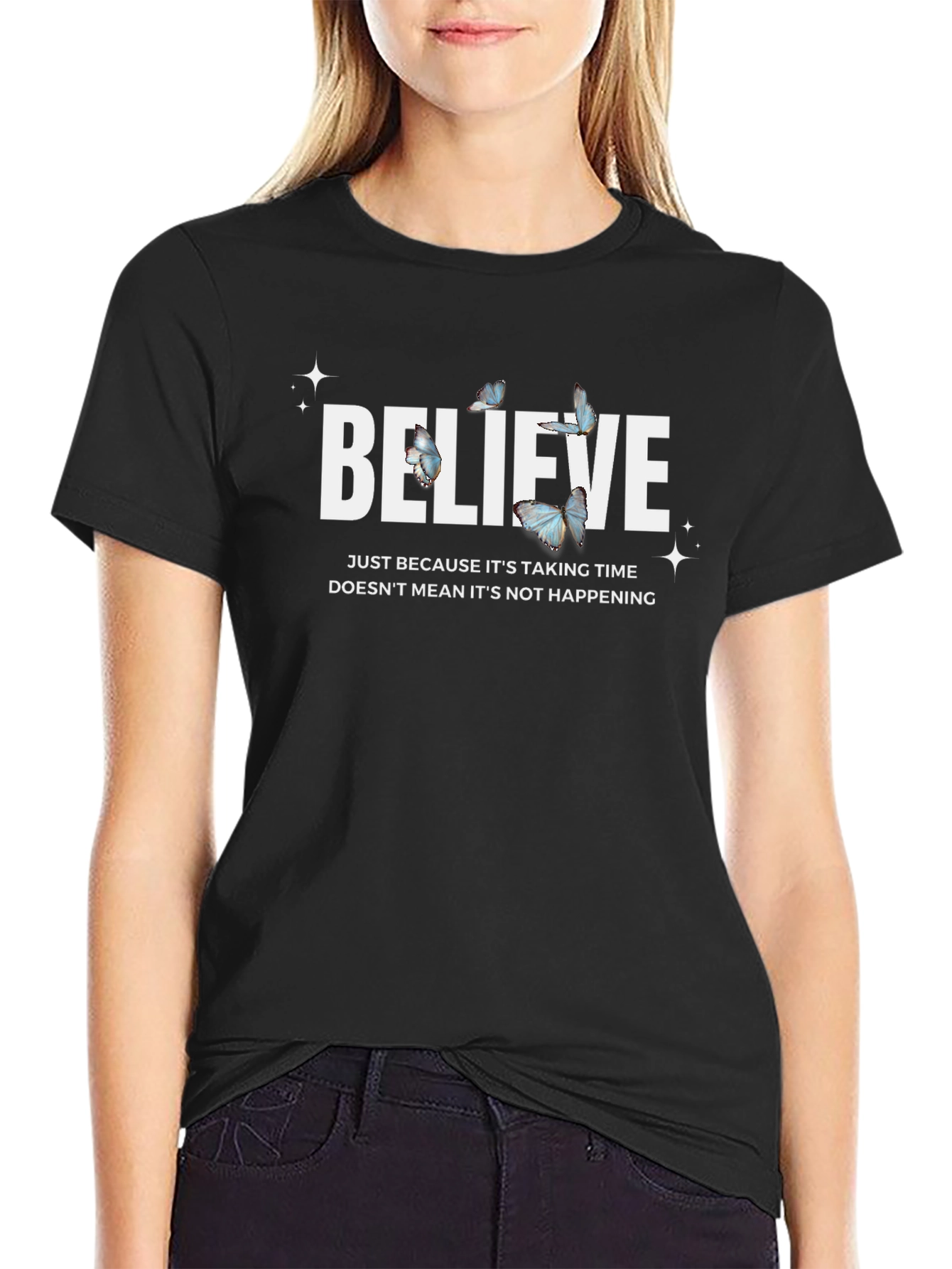Believe Butterfly Graphic Black T-Shirt