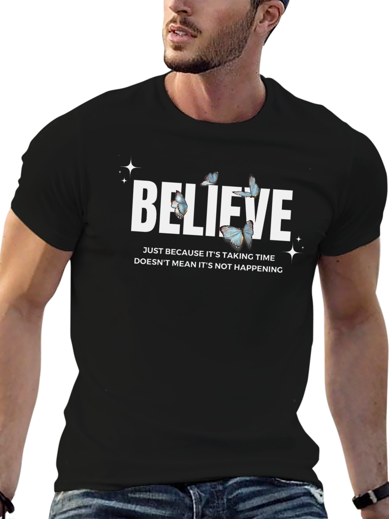 Believe Butterfly Graphic Black T-Shirt