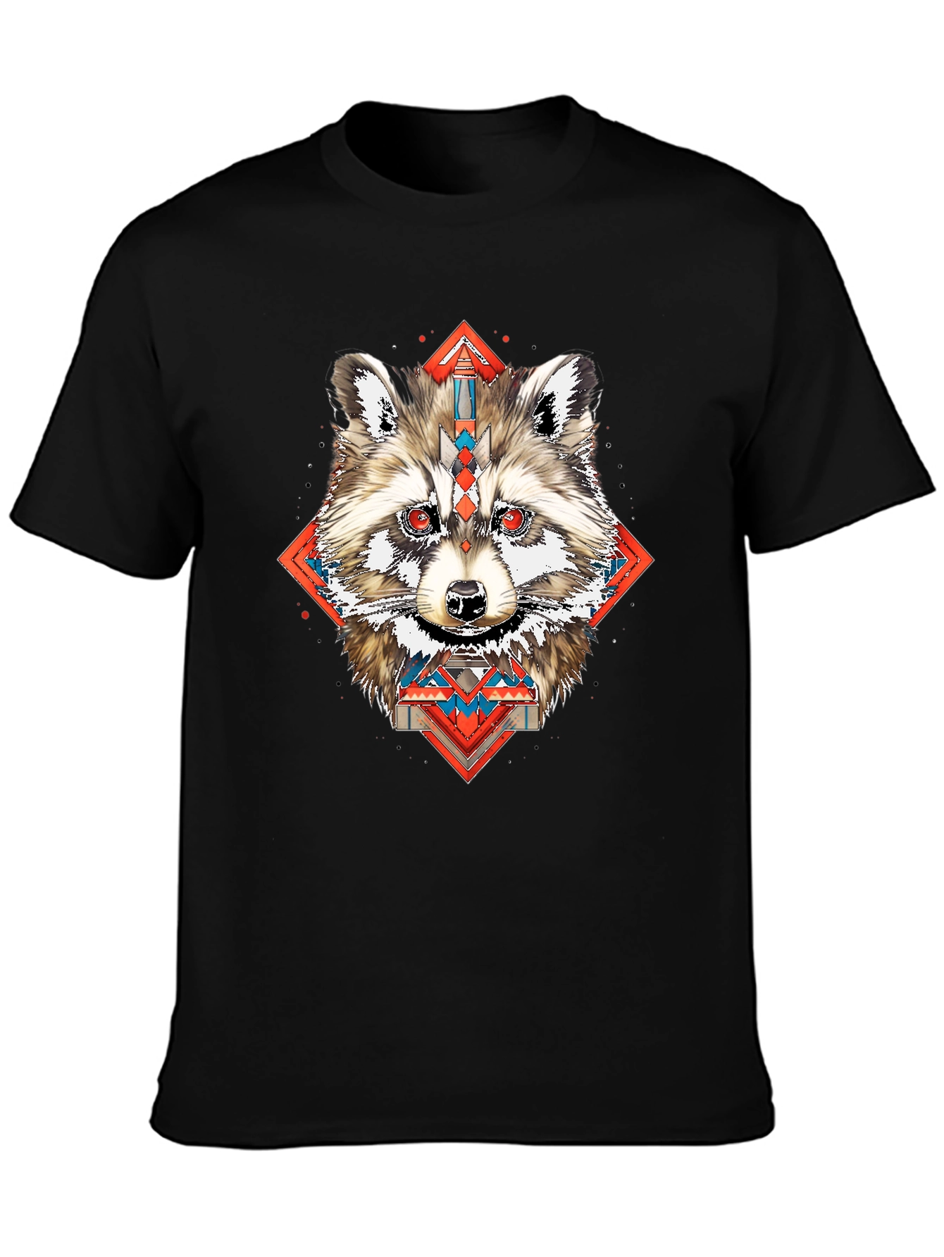 Raccoon Geometric Print Black T-Shirt