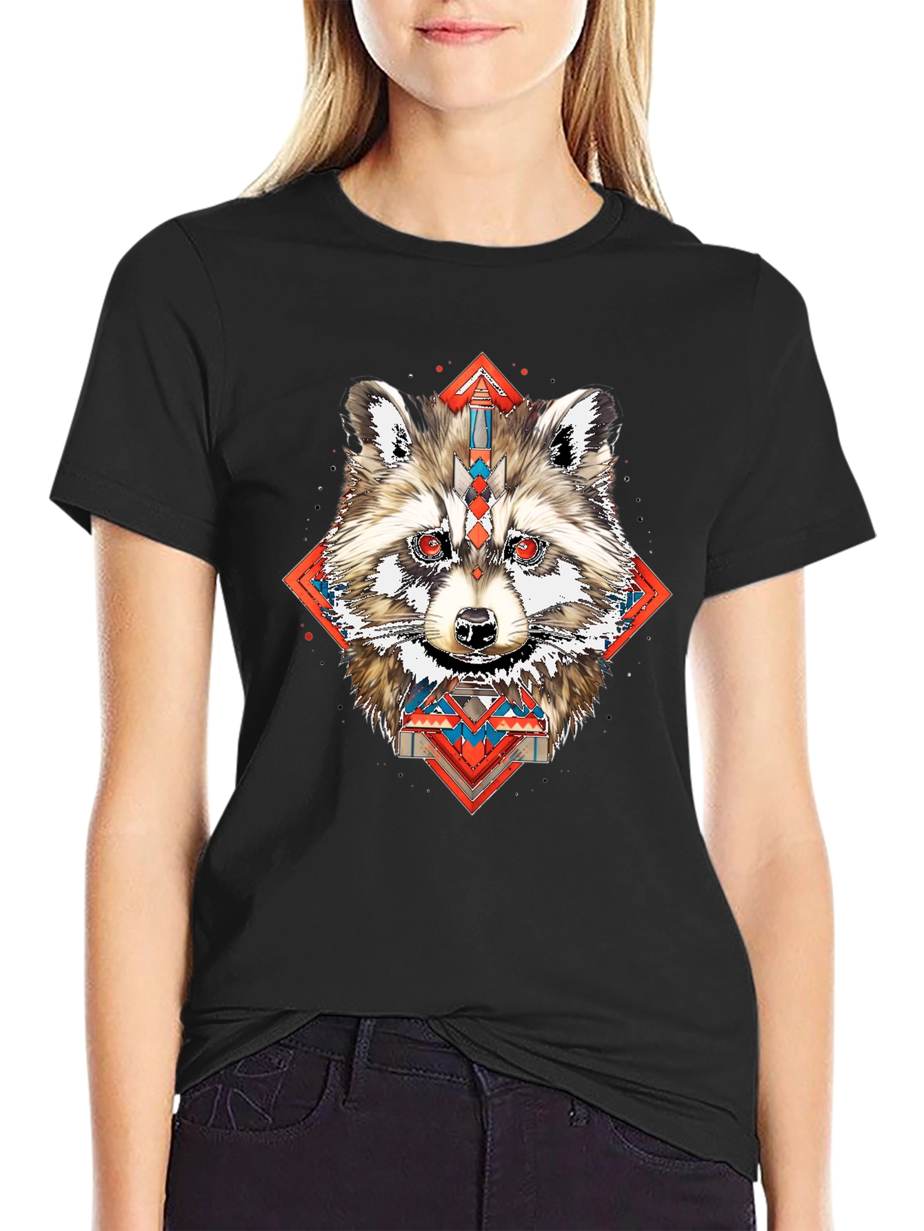 Raccoon Geometric Print Black T-Shirt