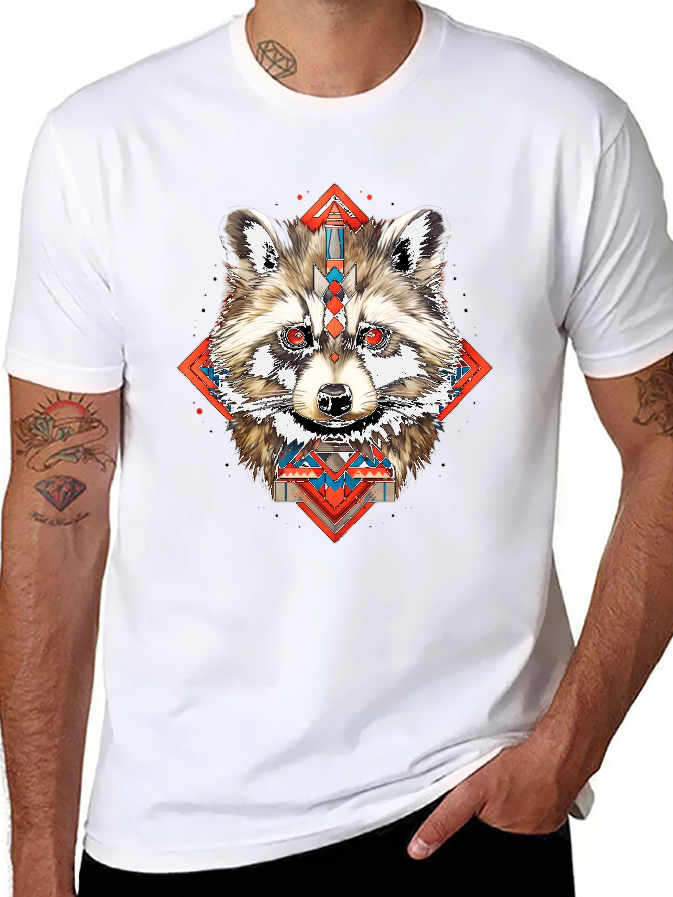 Raccoon Geometric Print Black T-Shirt