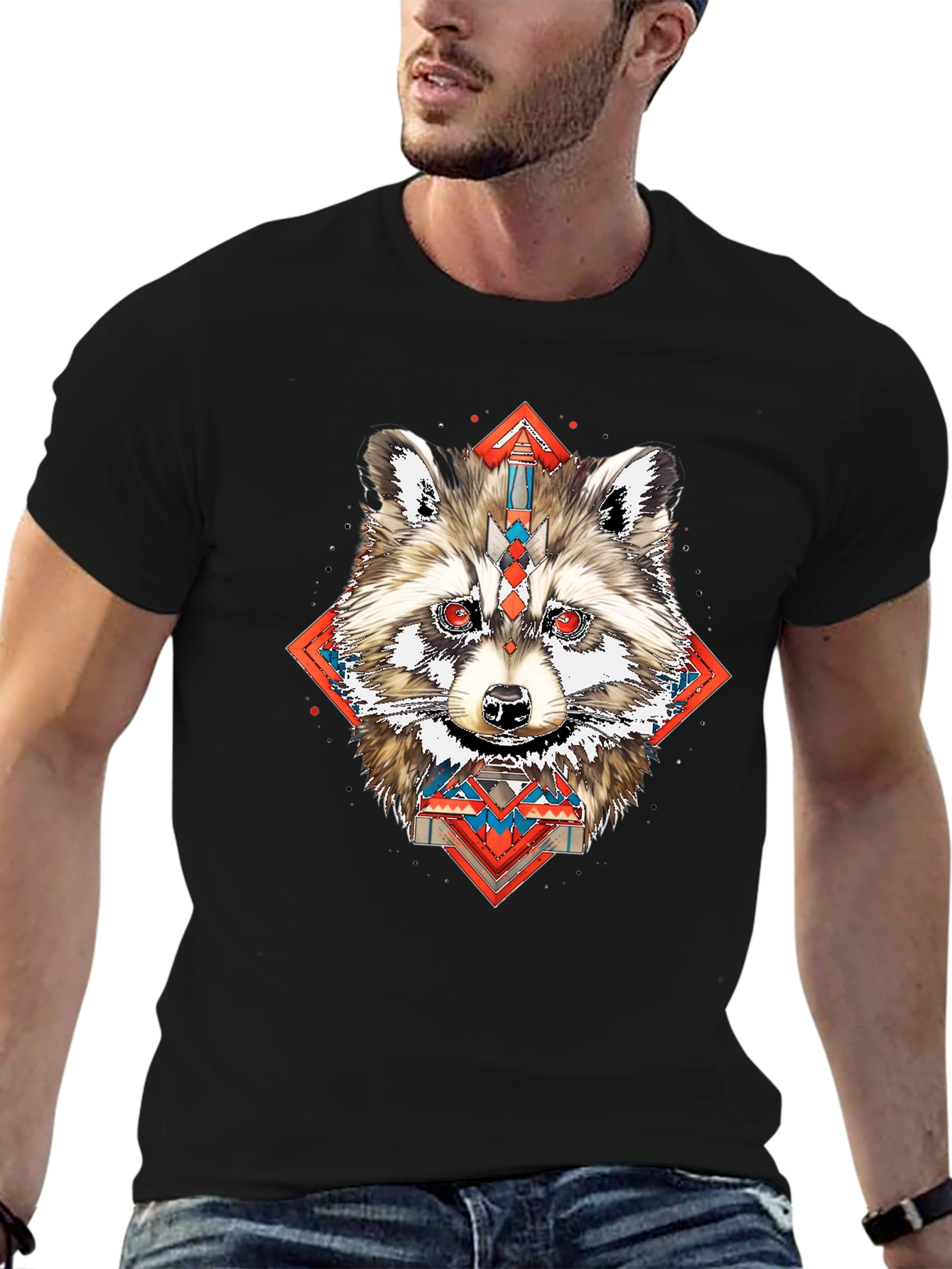 Raccoon Geometric Print Black T-Shirt