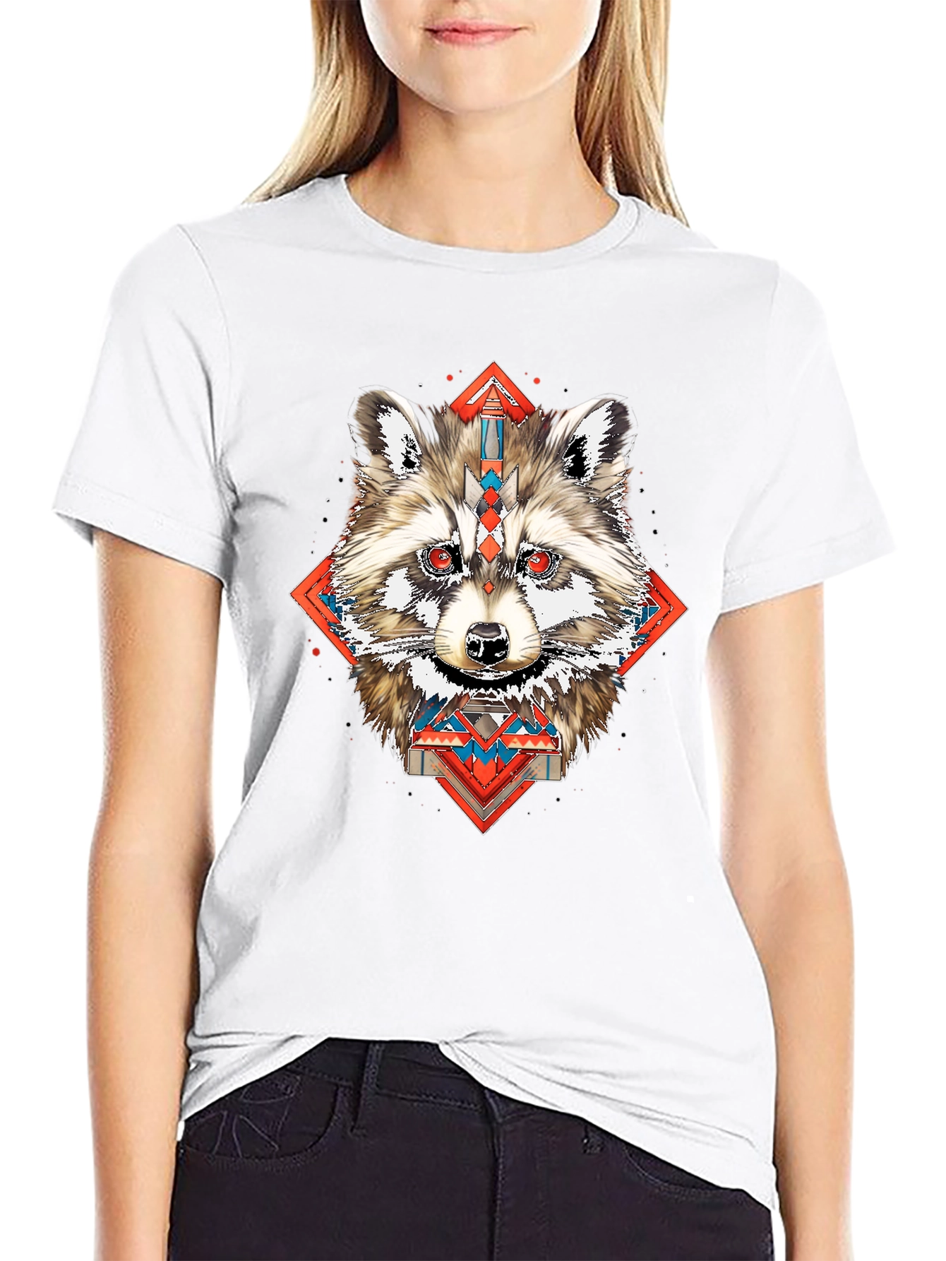 Raccoon Geometric Print Black T-Shirt