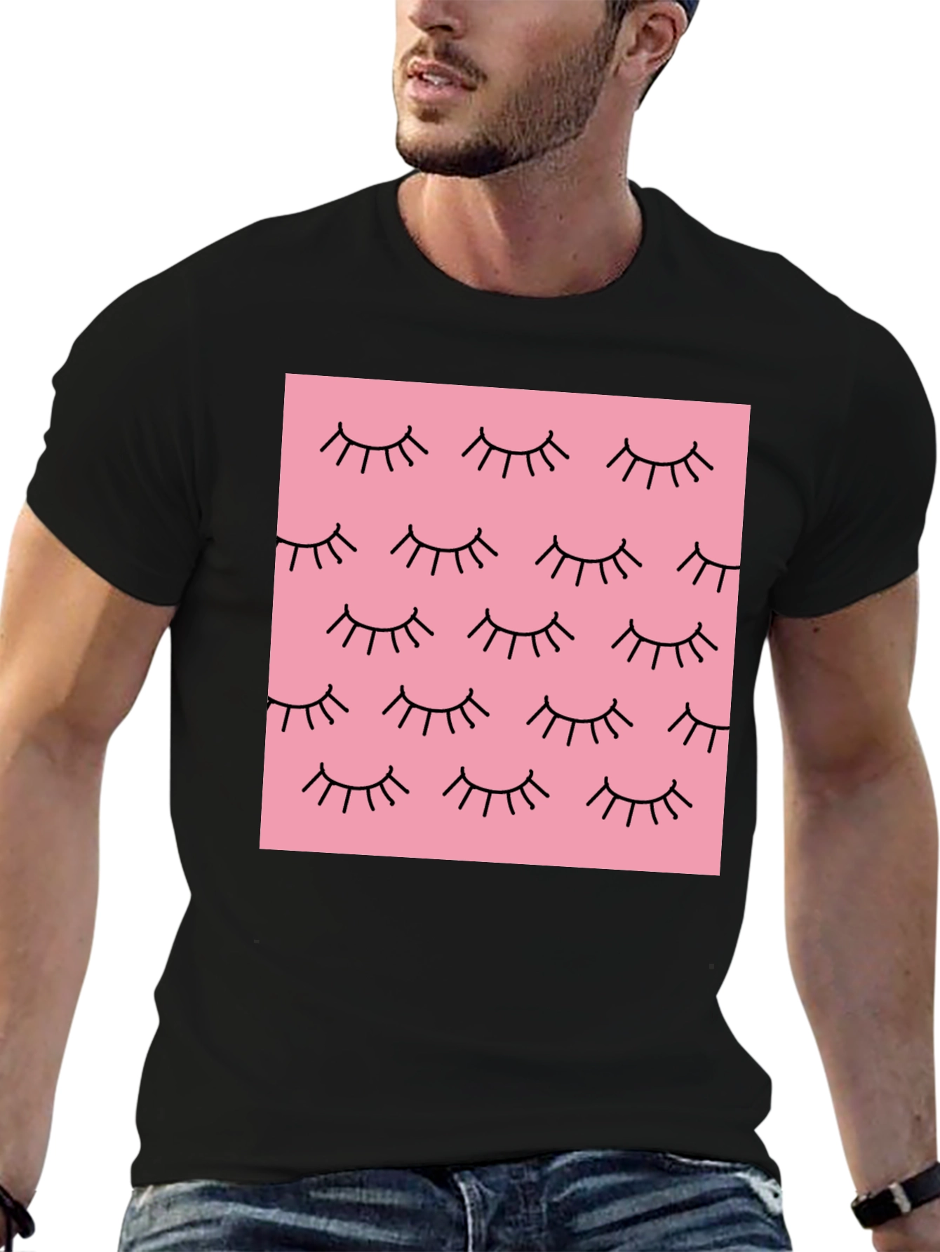 Pink Eyelash Pattern Black T-Shirt