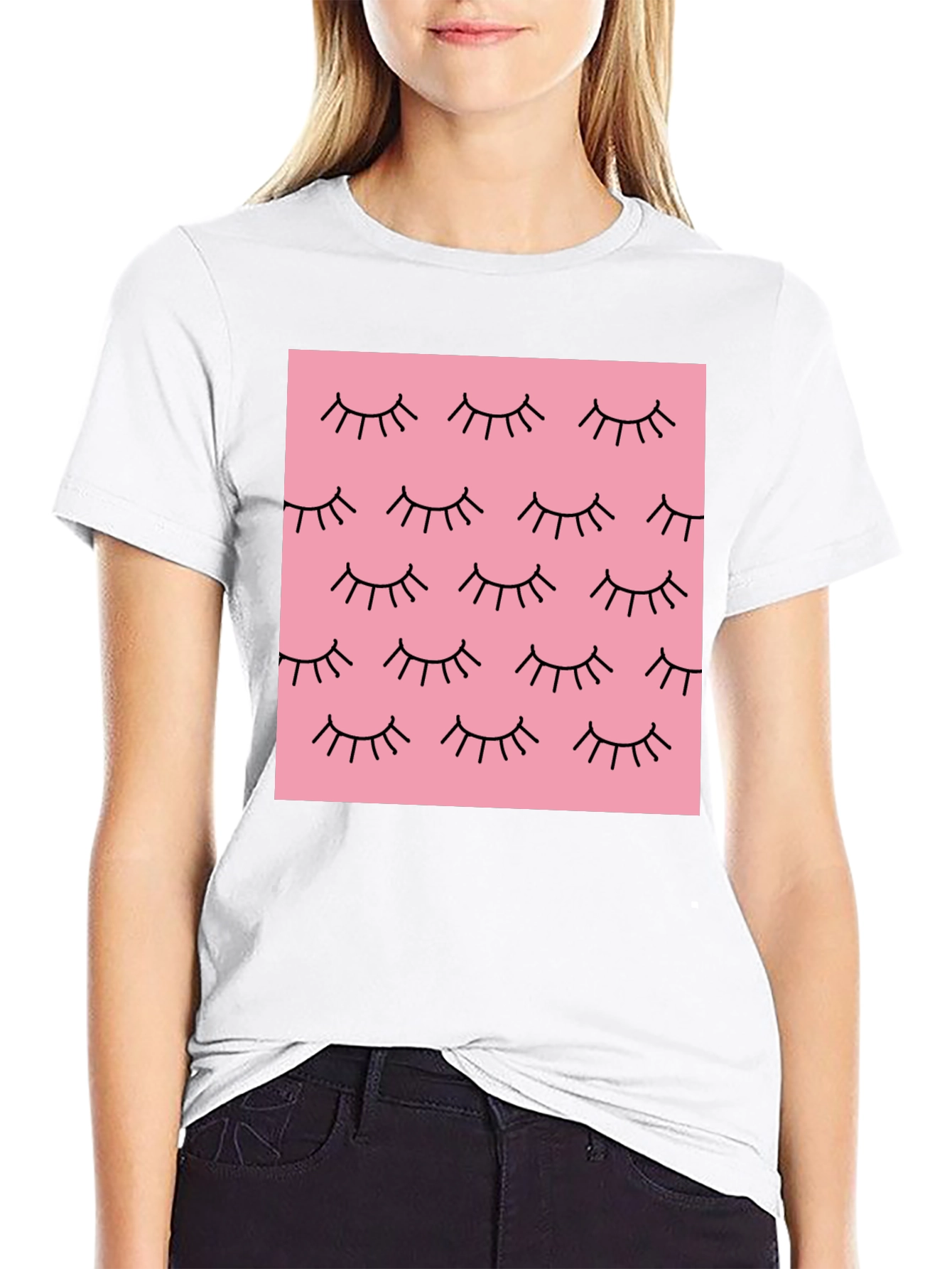 Pink Eyelash Pattern Black T-Shirt