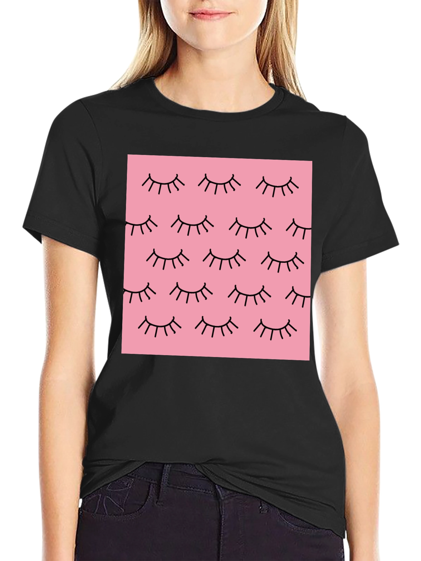 Pink Eyelash Pattern Black T-Shirt