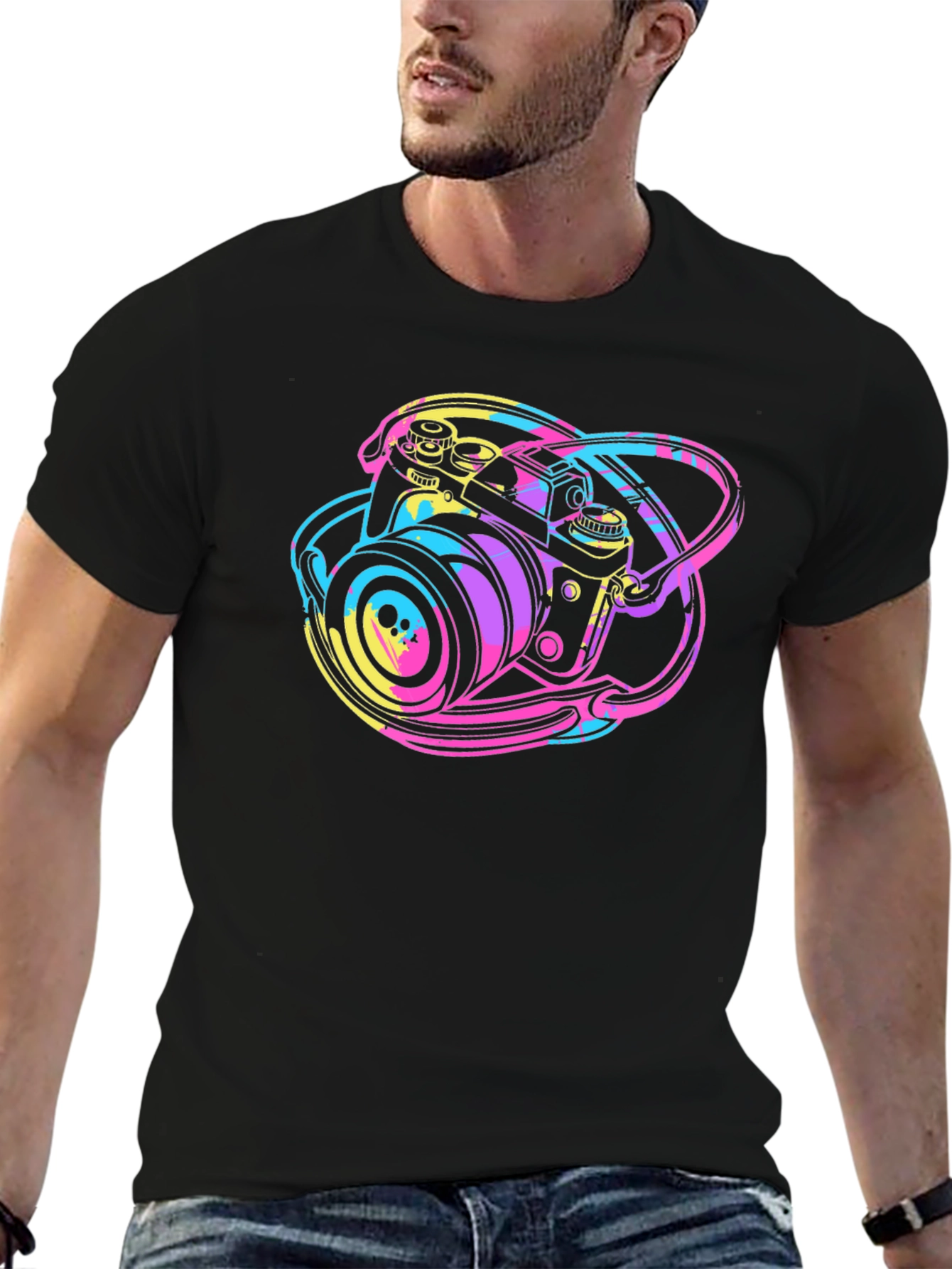 Retro Camera Graphic Tee - Black Cotton