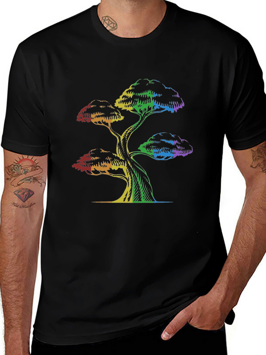 Rainbow Tree Graphic Tee - Black Cotton T-Shirt
