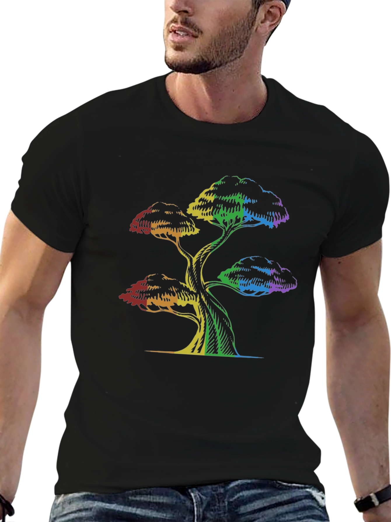 Rainbow Tree Graphic Tee - Black Cotton T-Shirt