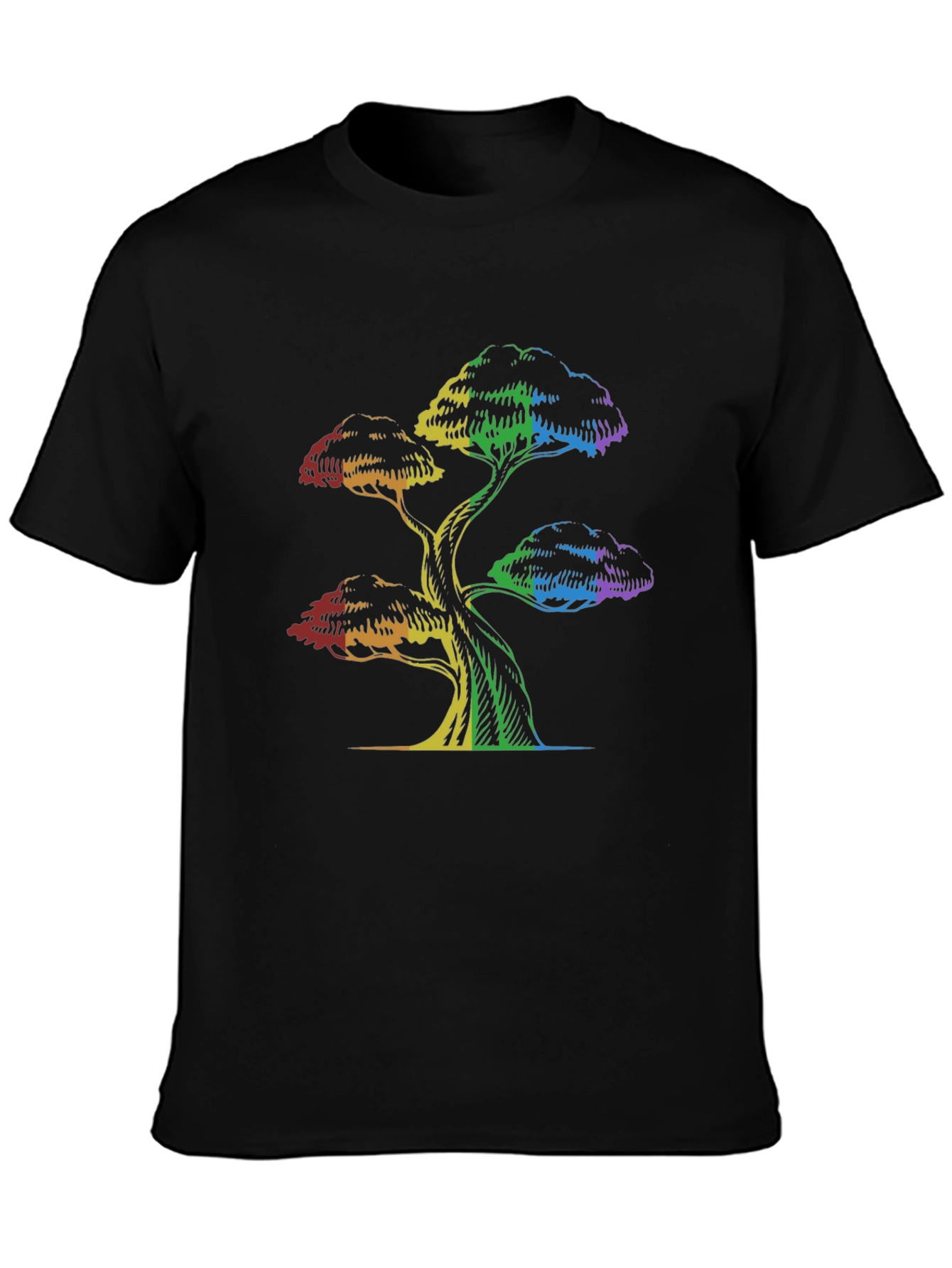 Rainbow Tree Graphic Tee - Black Cotton T-Shirt