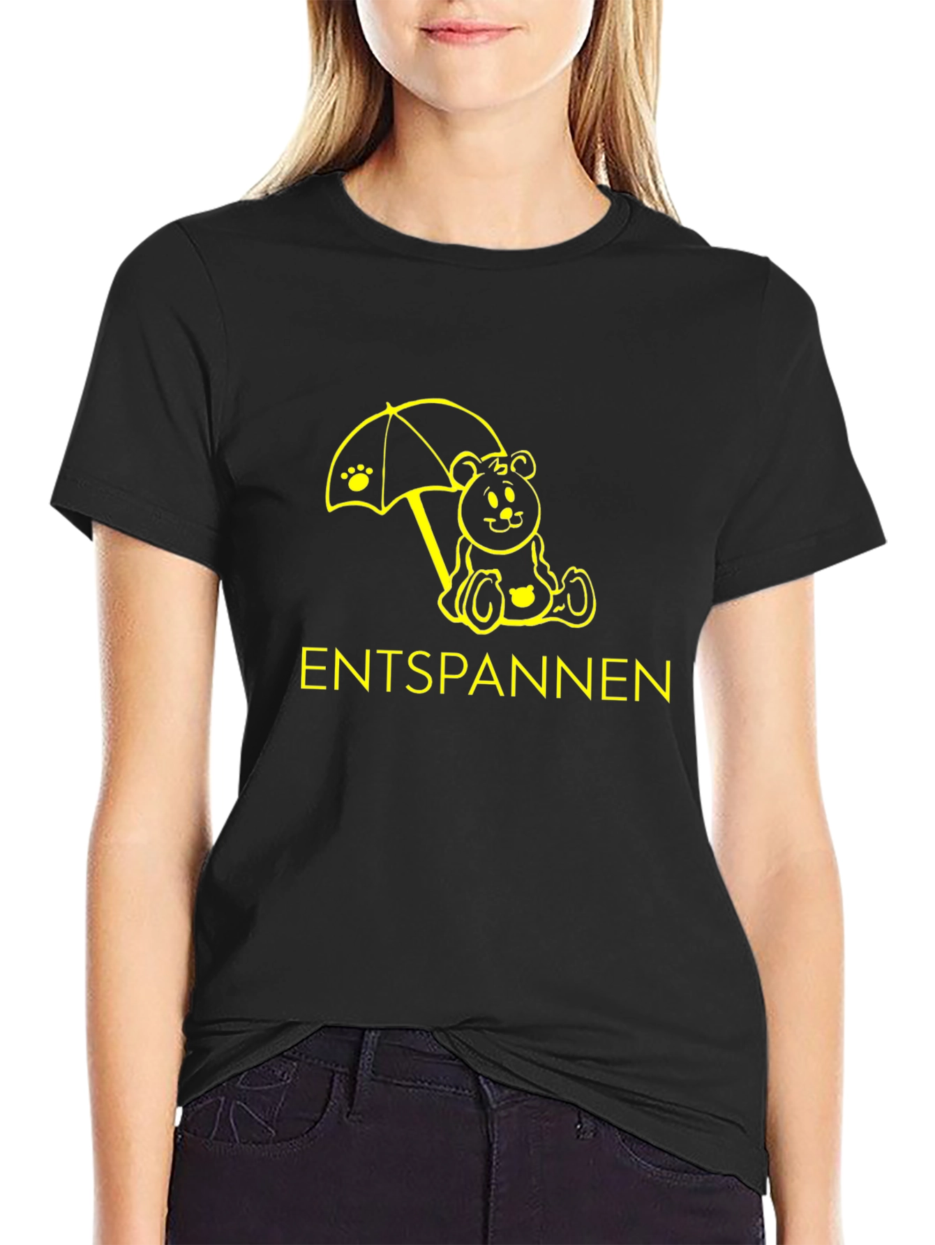 Entspannen Bear Under Umbrella Black Graphic T-Shirt