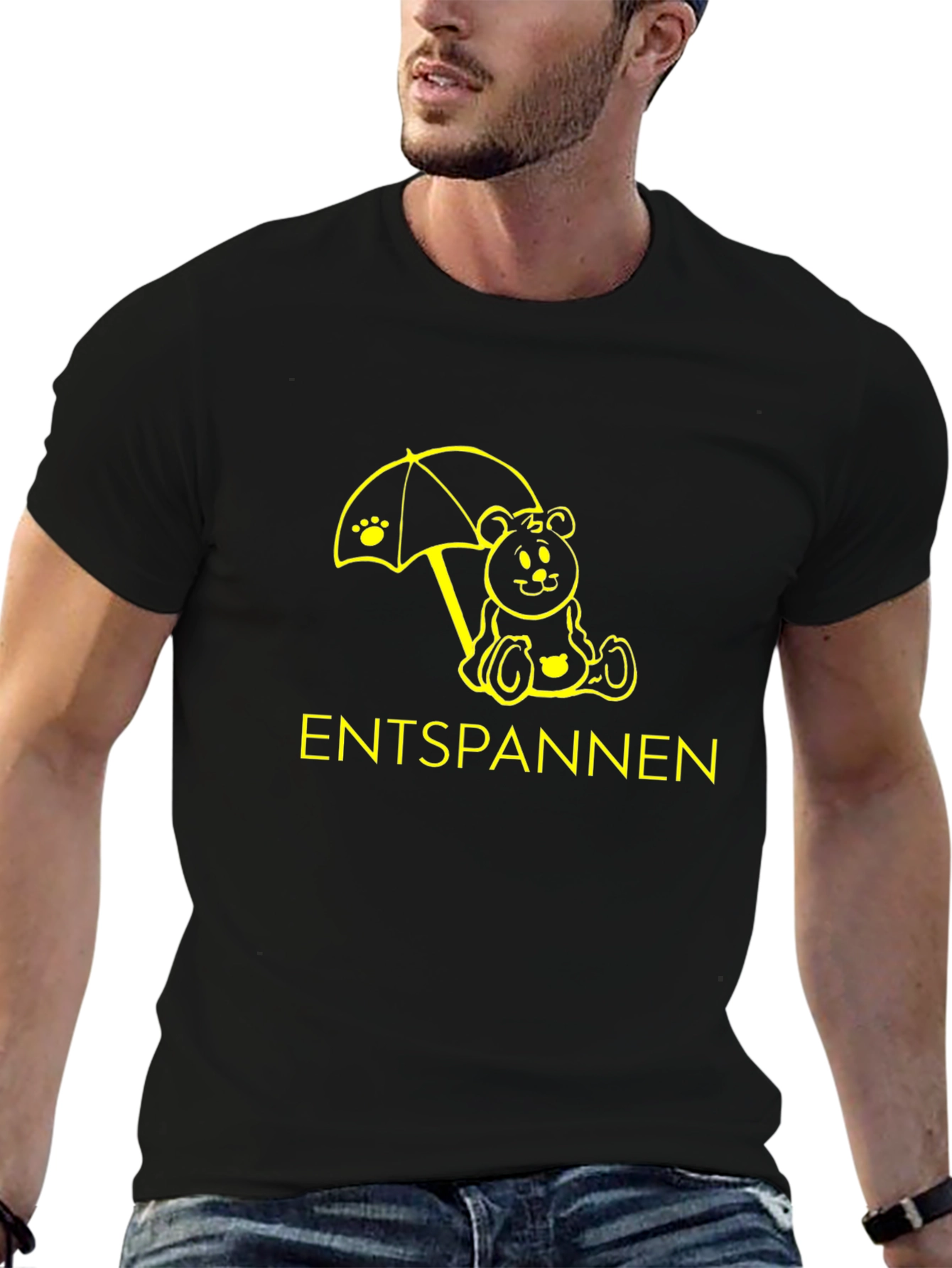 Entspannen Bear Under Umbrella Black Graphic T-Shirt