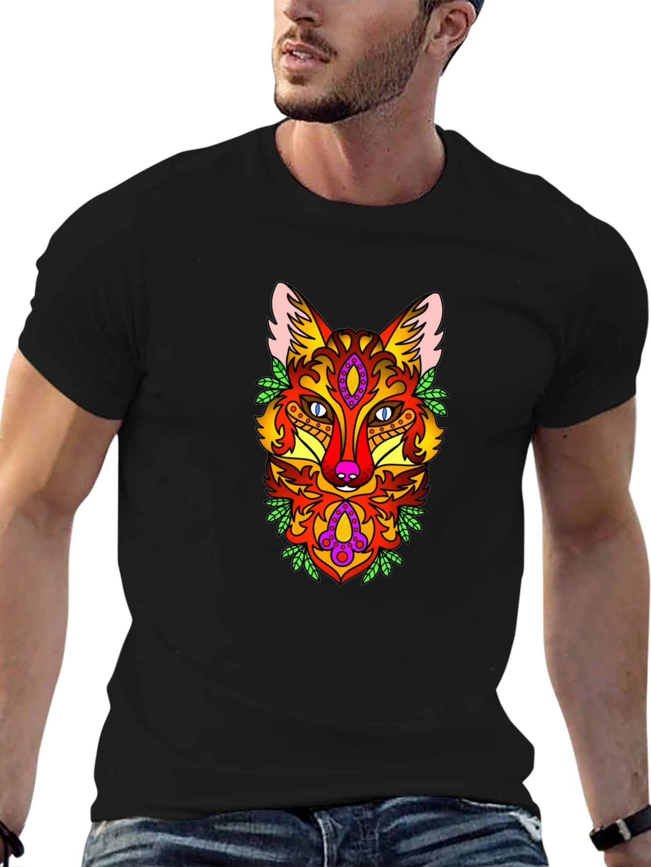 Psychedelic Fox Graphic Print Black T-Shirt