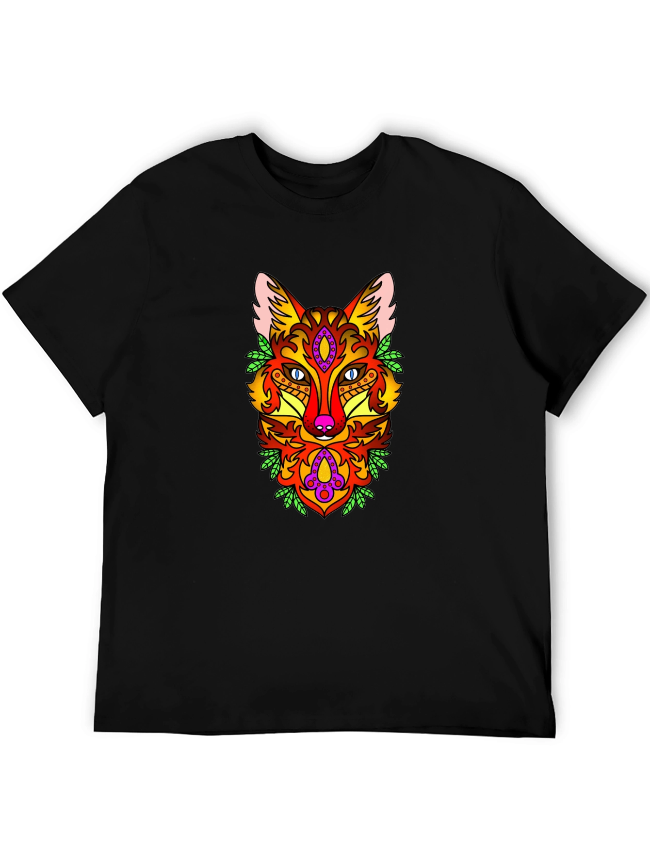 Psychedelic Fox Graphic Print Black T-Shirt