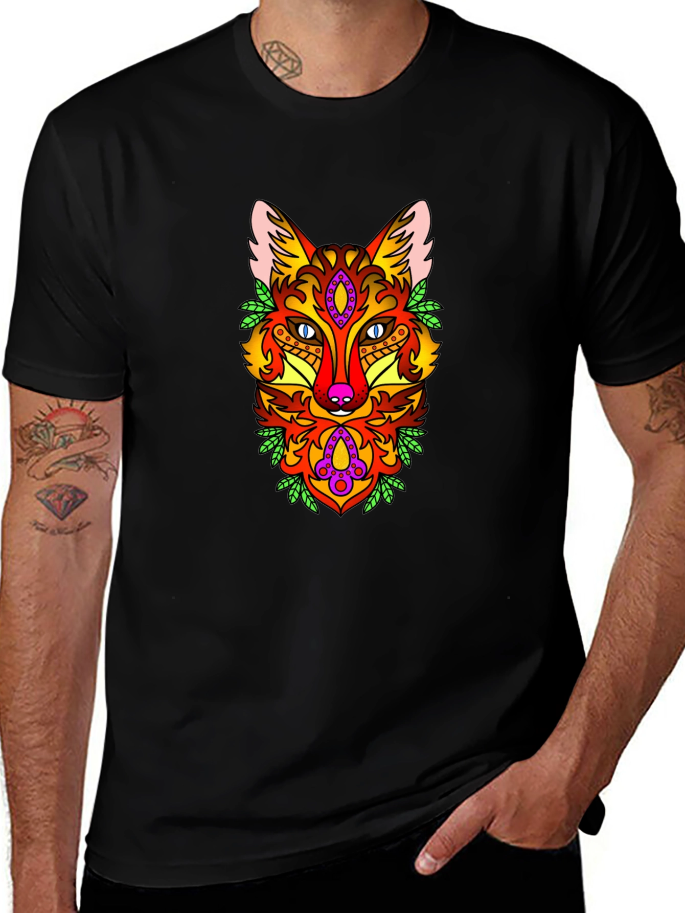 Psychedelic Fox Graphic Print Black T-Shirt