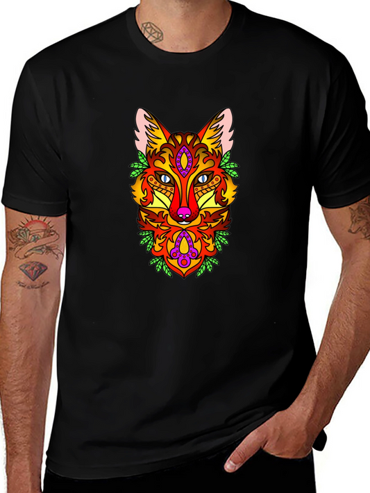 Psychedelic Fox Graphic Print Black T-Shirt