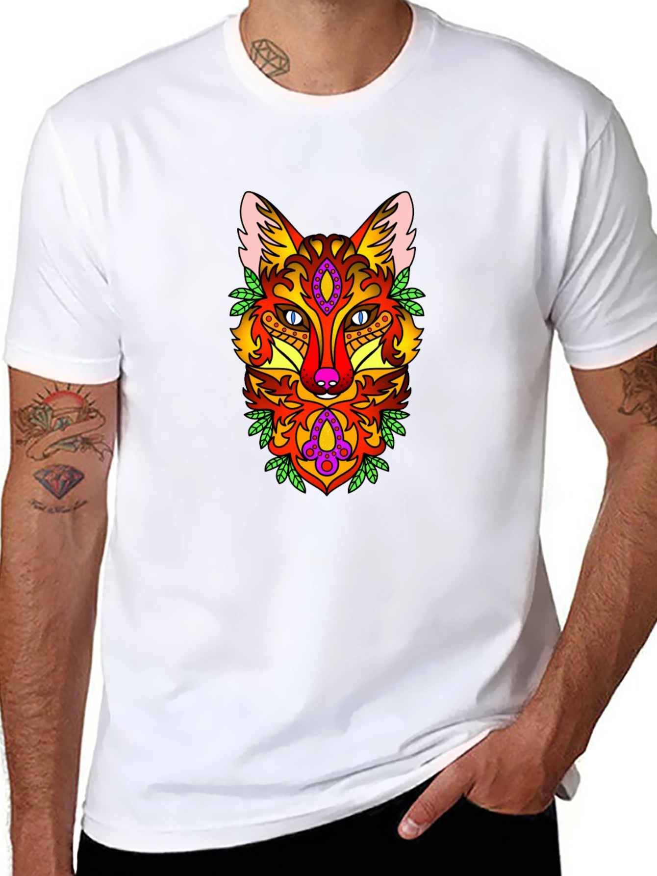 Psychedelic Fox Graphic Print Black T-Shirt