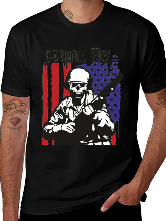 Careful Boy Soldier Skull Flag Graphic T-Shirt