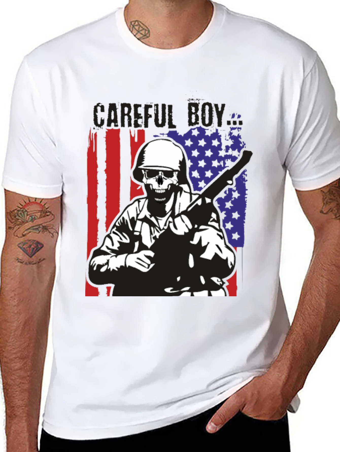 Careful Boy Soldier Skull Flag Graphic T-Shirt