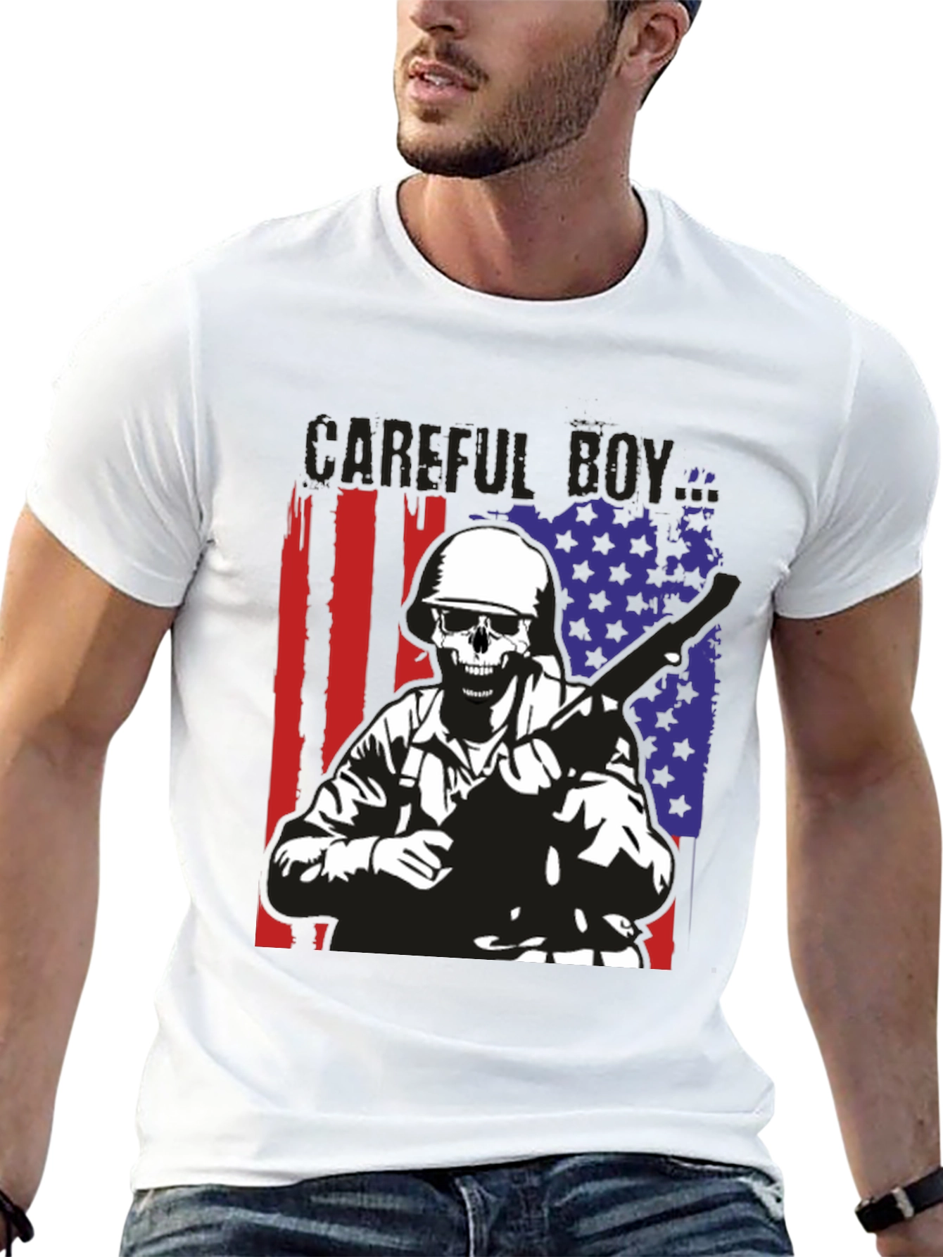 Careful Boy Soldier Skull Flag Graphic T-Shirt