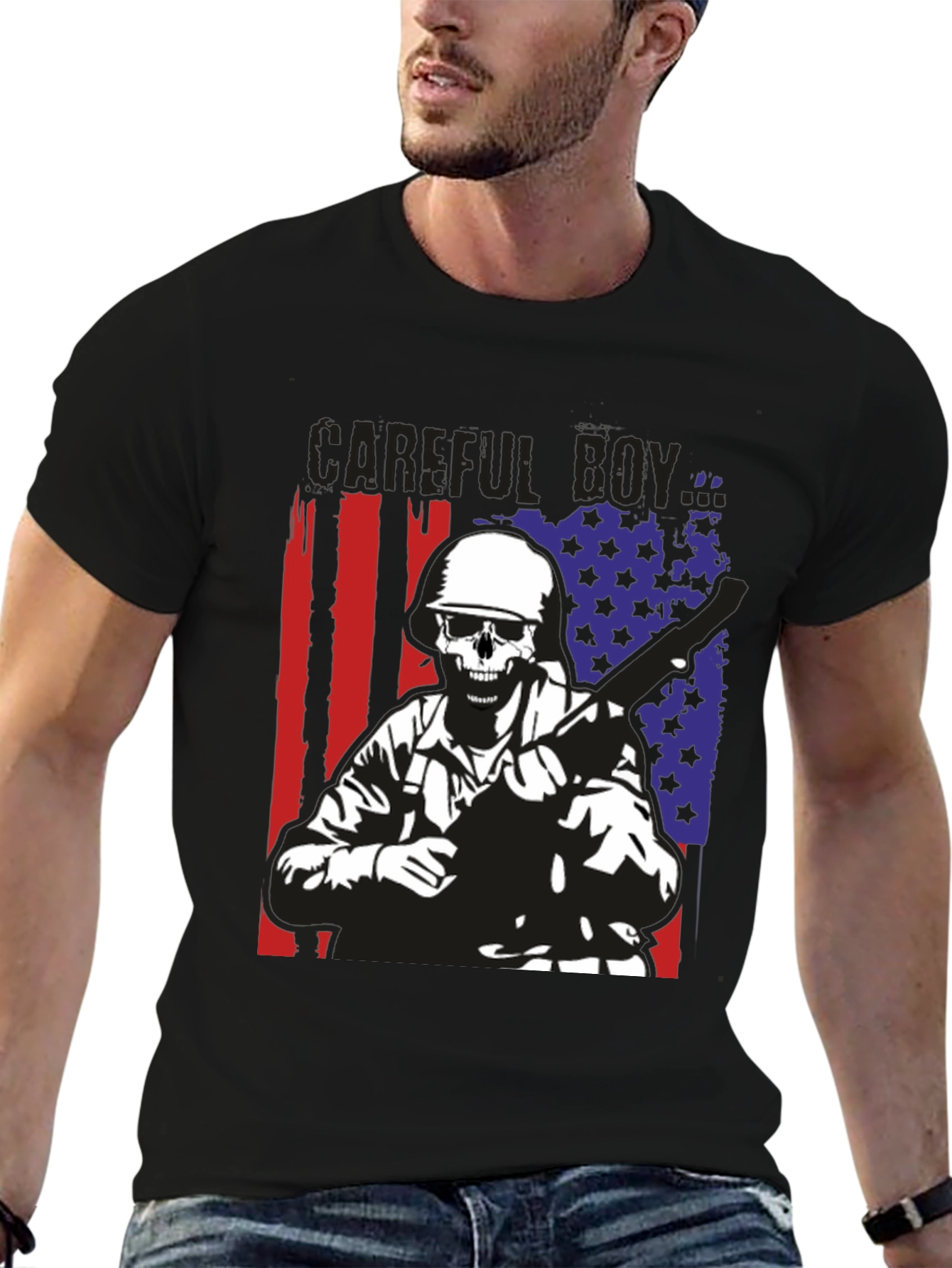 Careful Boy Soldier Skull Flag Graphic T-Shirt