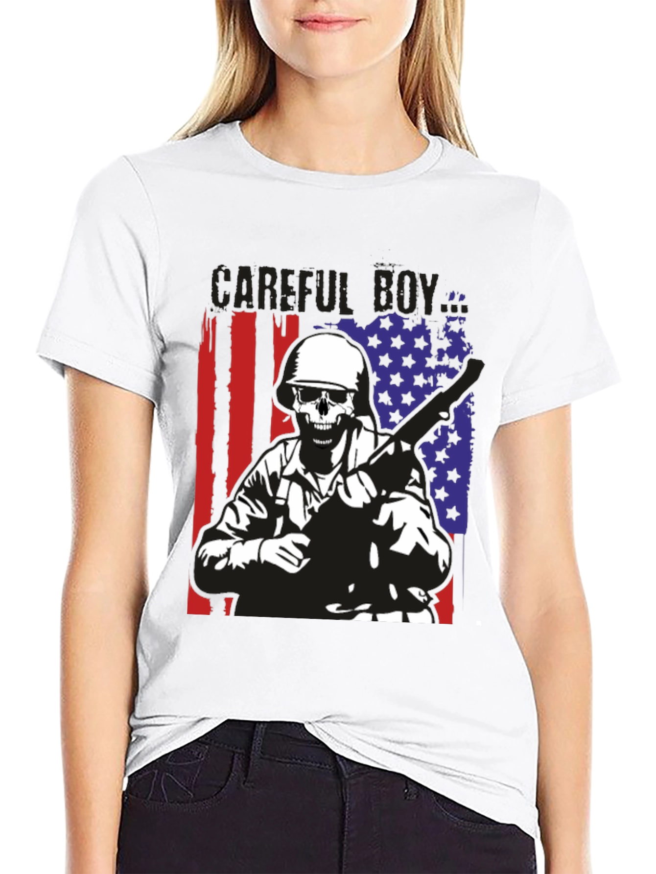 Careful Boy Soldier Skull Flag Graphic T-Shirt