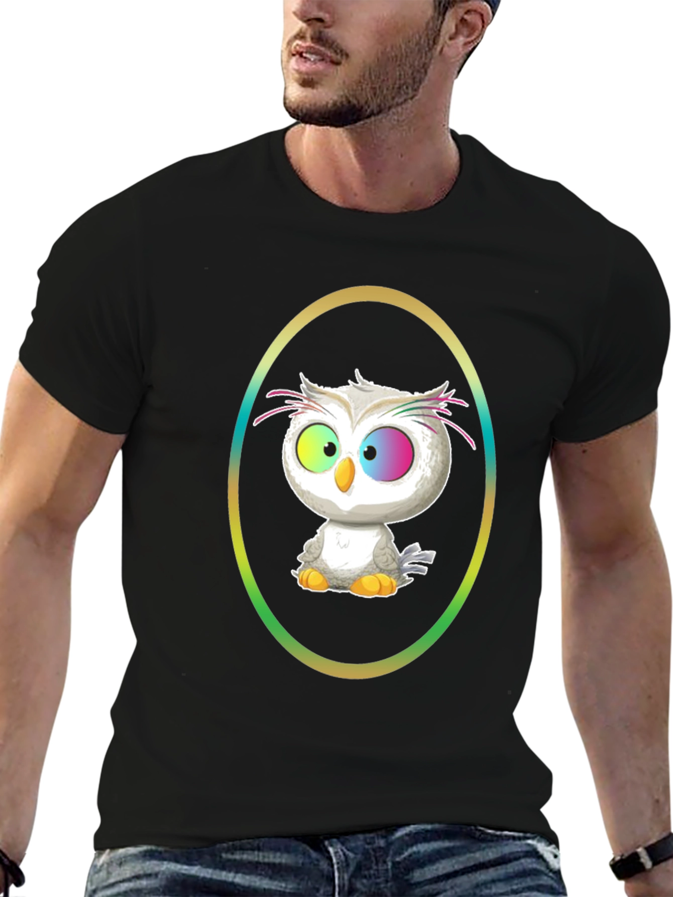 Cartoon Owl Graphic Tee - Black Cotton Shirt