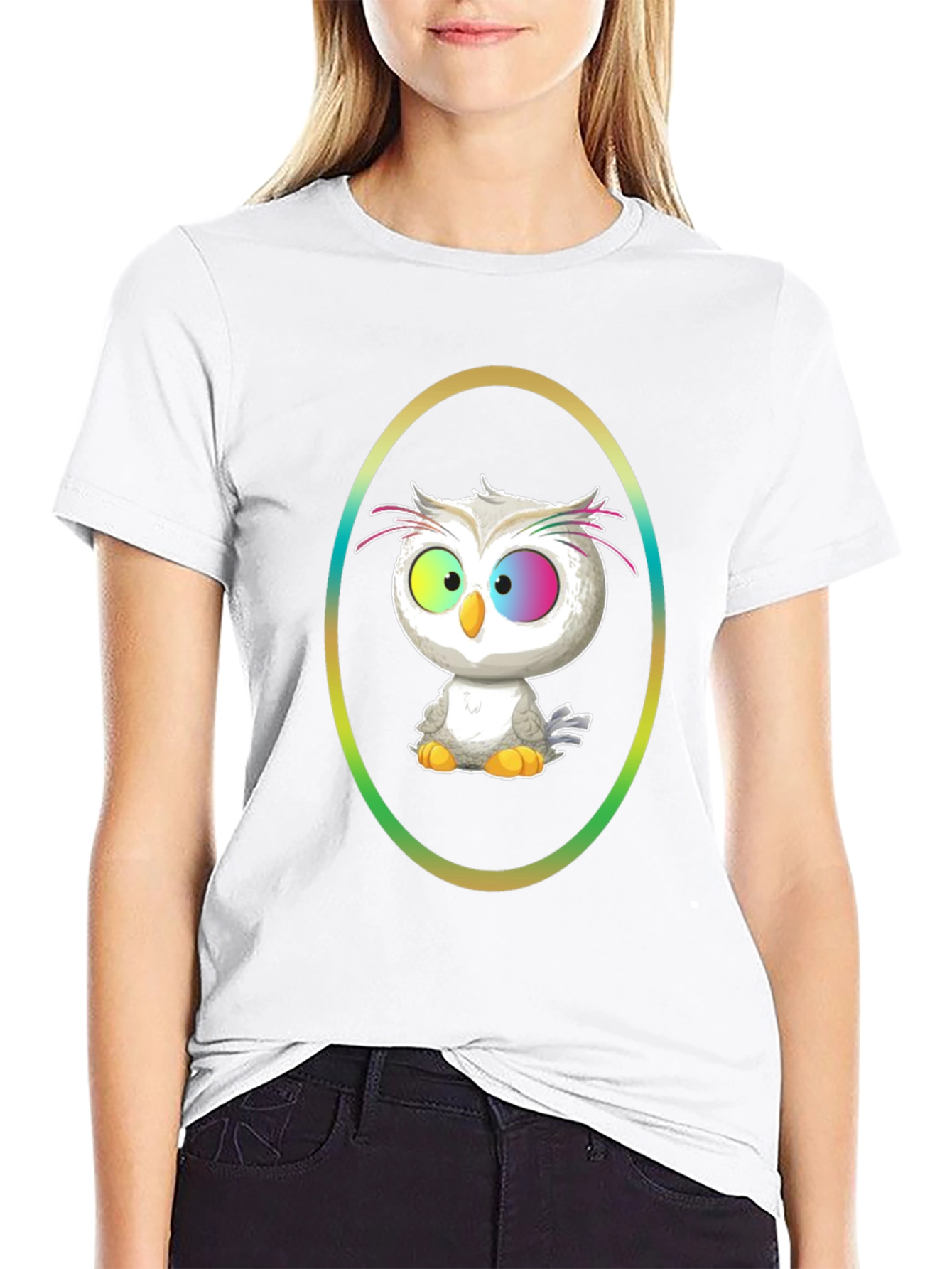 Cartoon Owl Graphic Tee - Black Cotton Shirt