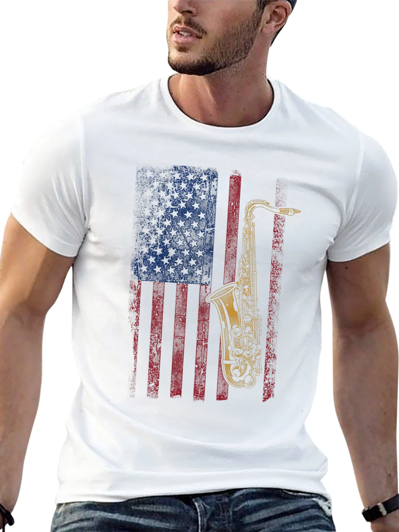 Saxophone American Flag Graphic T-Shirt