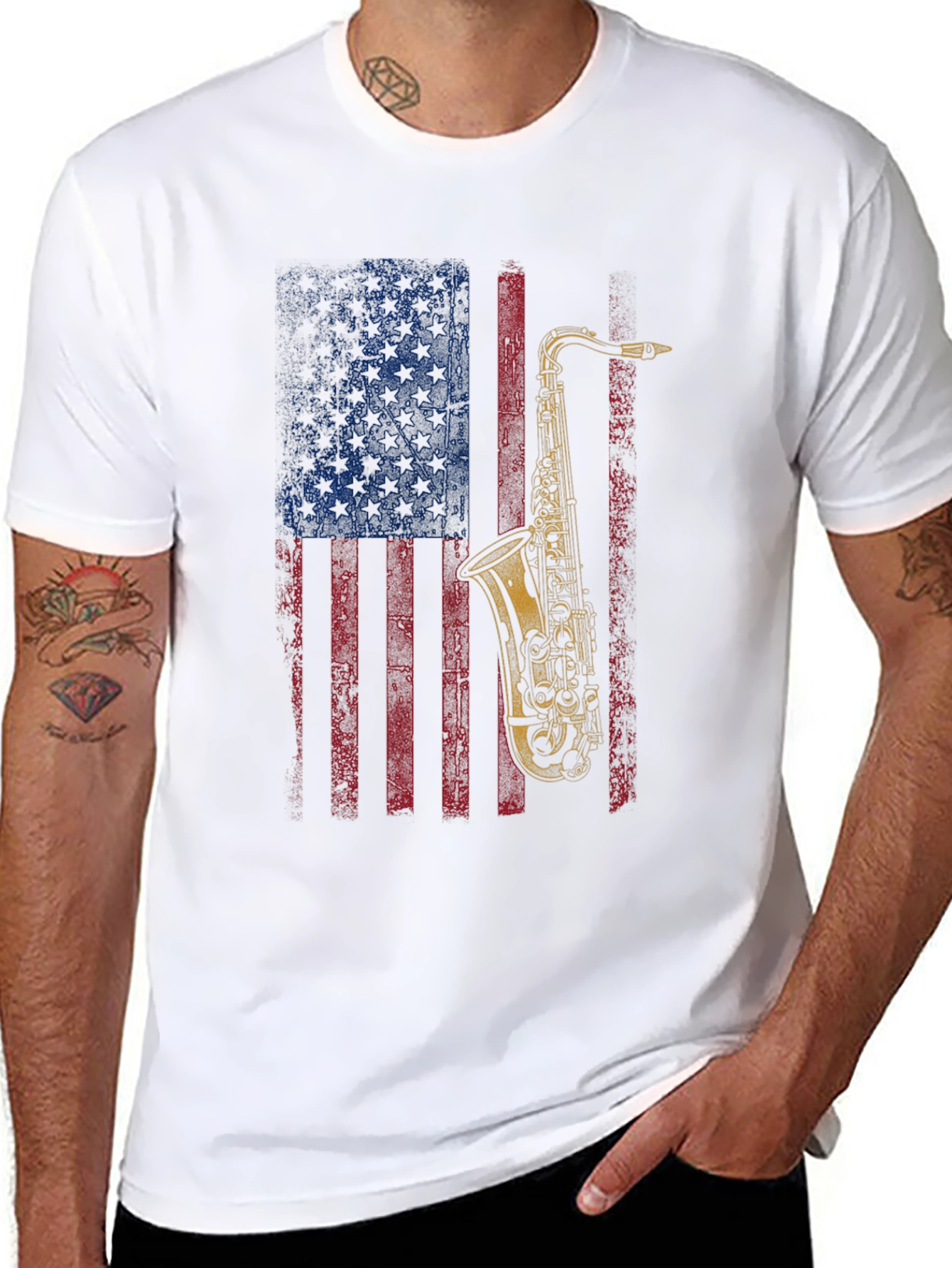 Saxophone American Flag Graphic T-Shirt