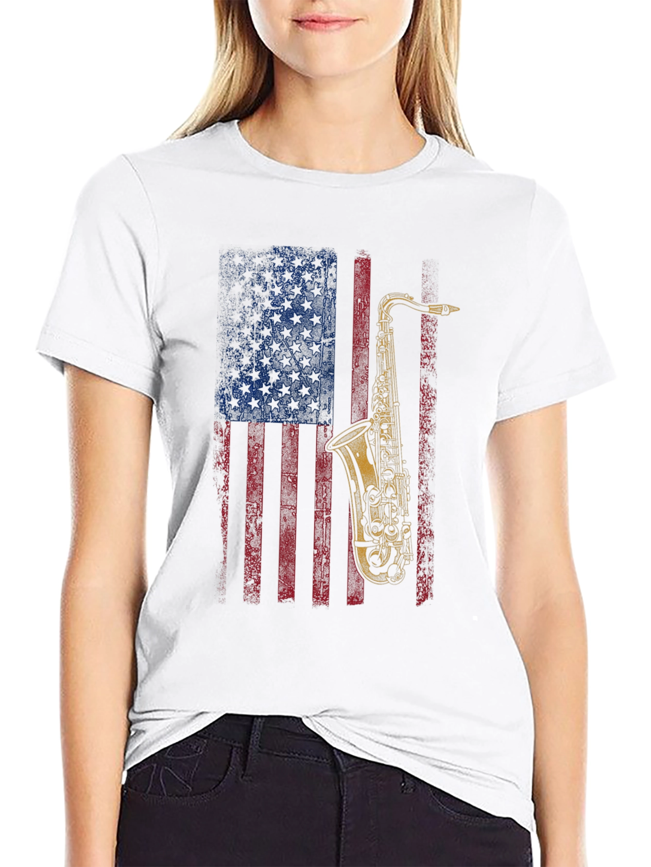 Saxophone American Flag Graphic T-Shirt