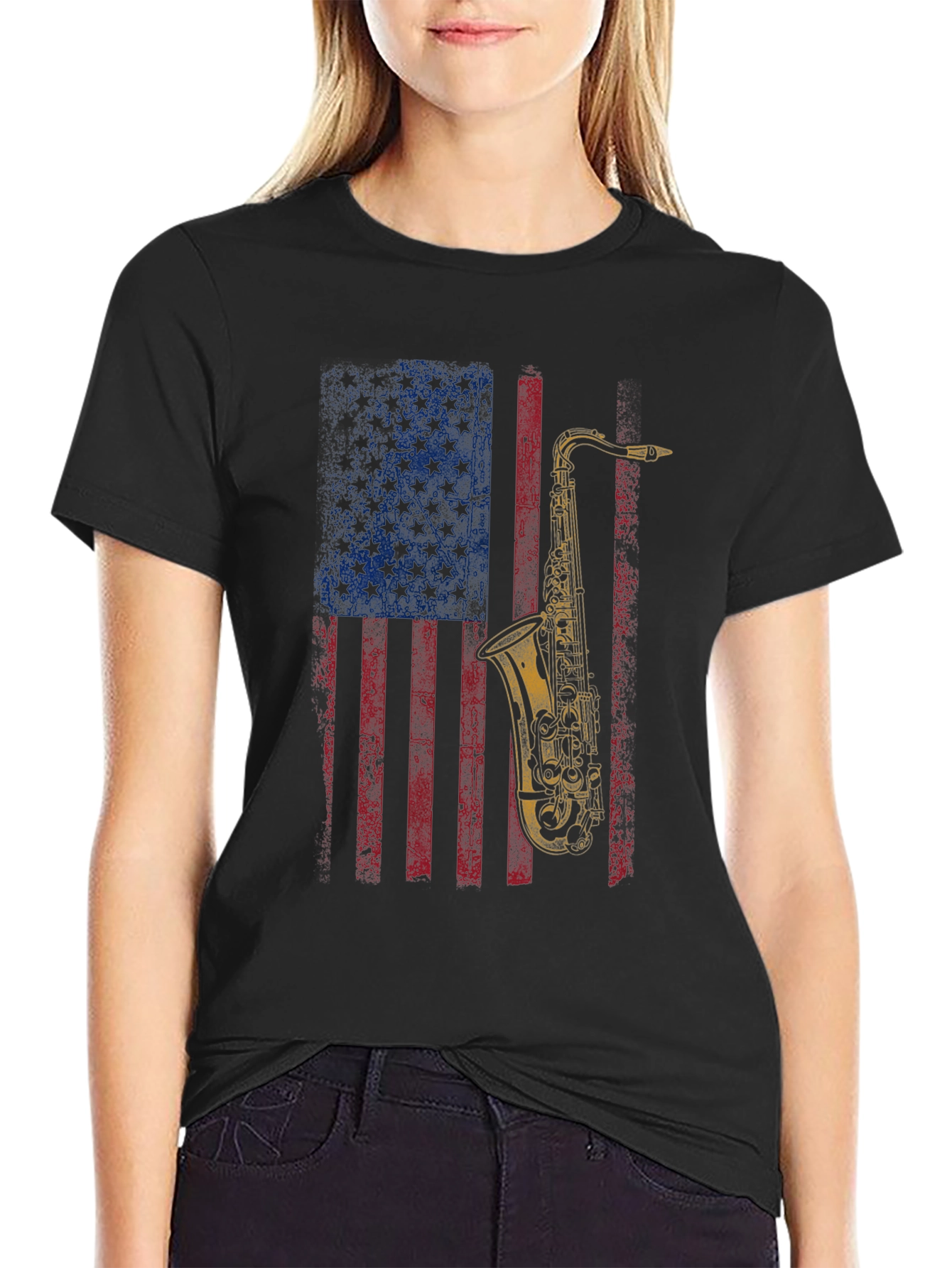 Saxophone American Flag Graphic T-Shirt