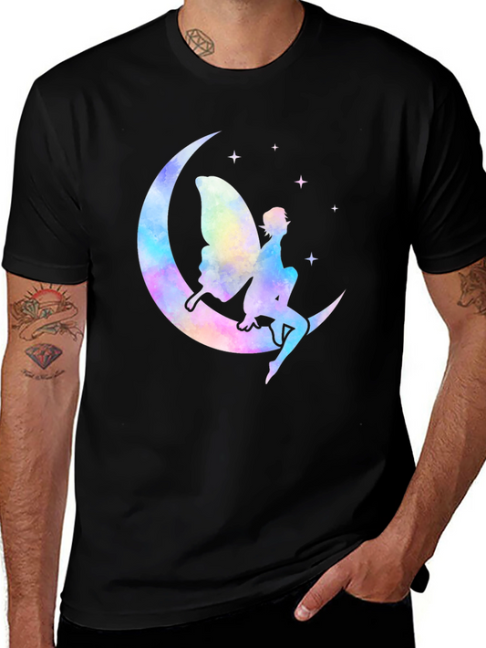 Whimsical Fairy Moon Graphic T-Shirt - Black