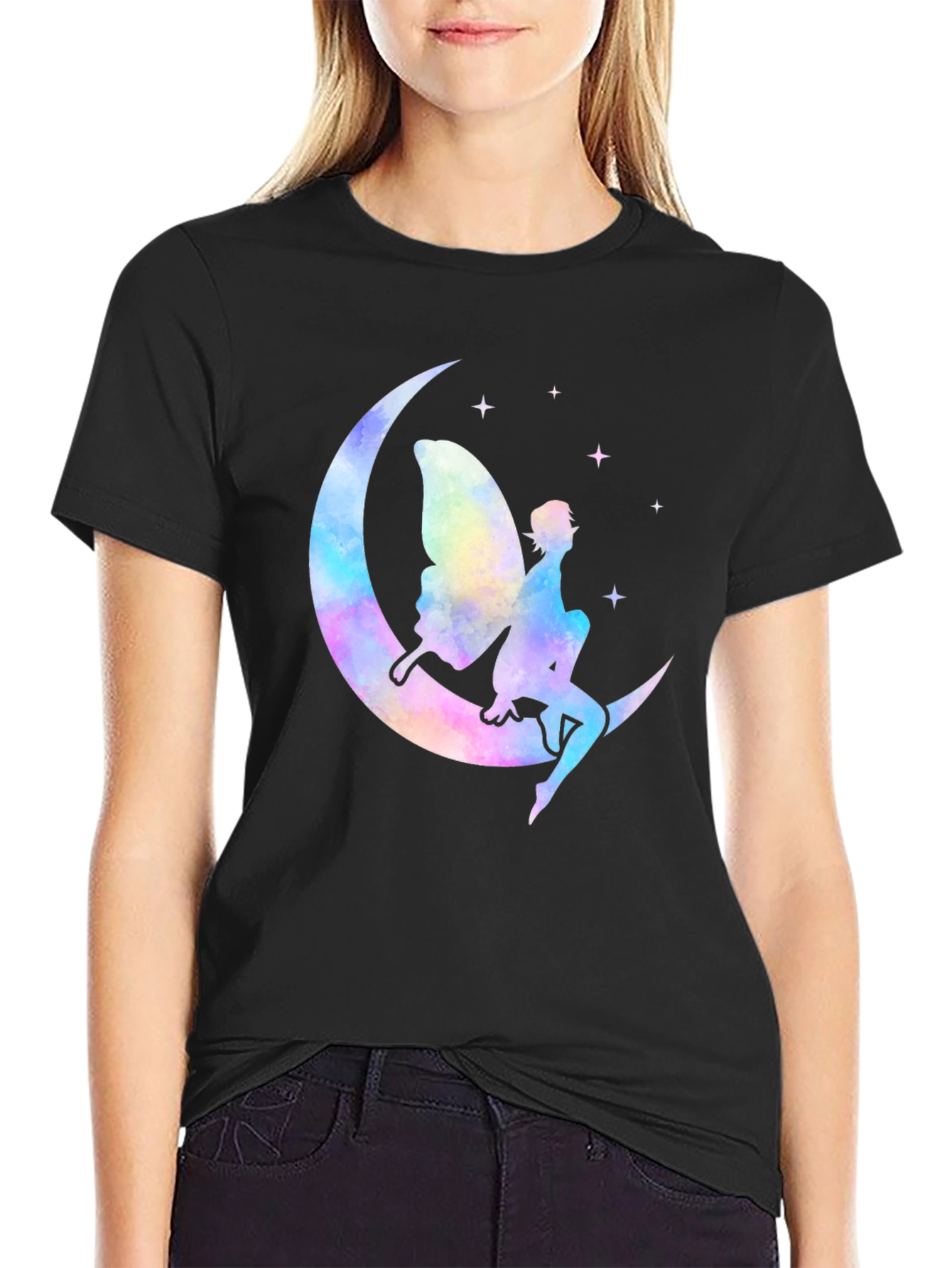 Whimsical Fairy Moon Graphic T-Shirt - Black