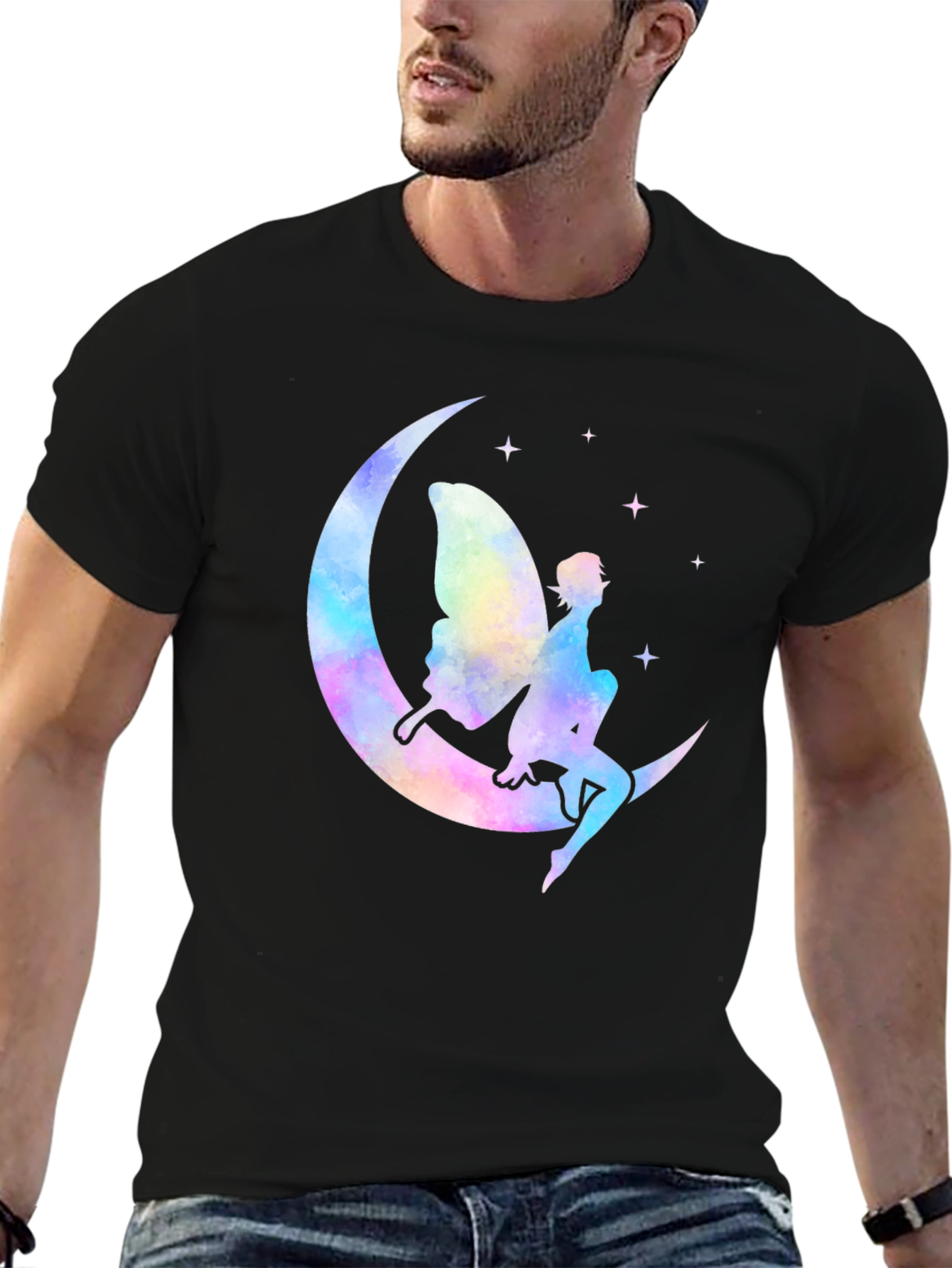 Whimsical Fairy Moon Graphic T-Shirt - Black