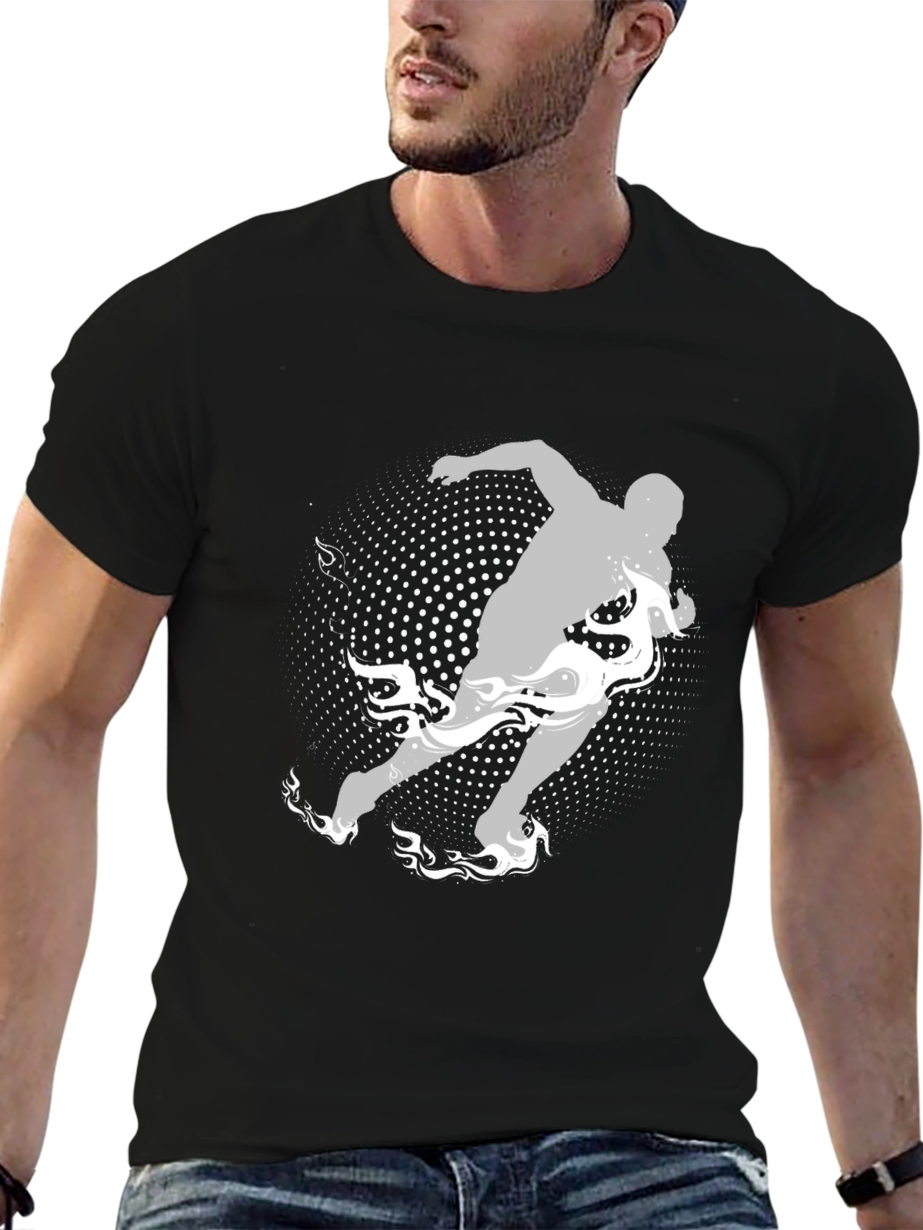 Mens Graphic Tee: Runner with Flame Design