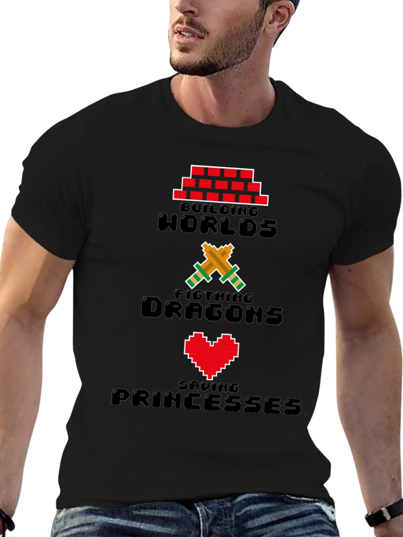 Pixel Gamer T-Shirt - Building Worlds Fighting Dragons