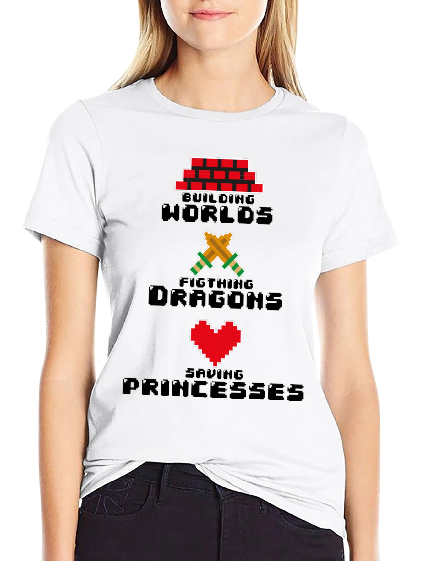 Pixel Gamer T-Shirt - Building Worlds Fighting Dragons